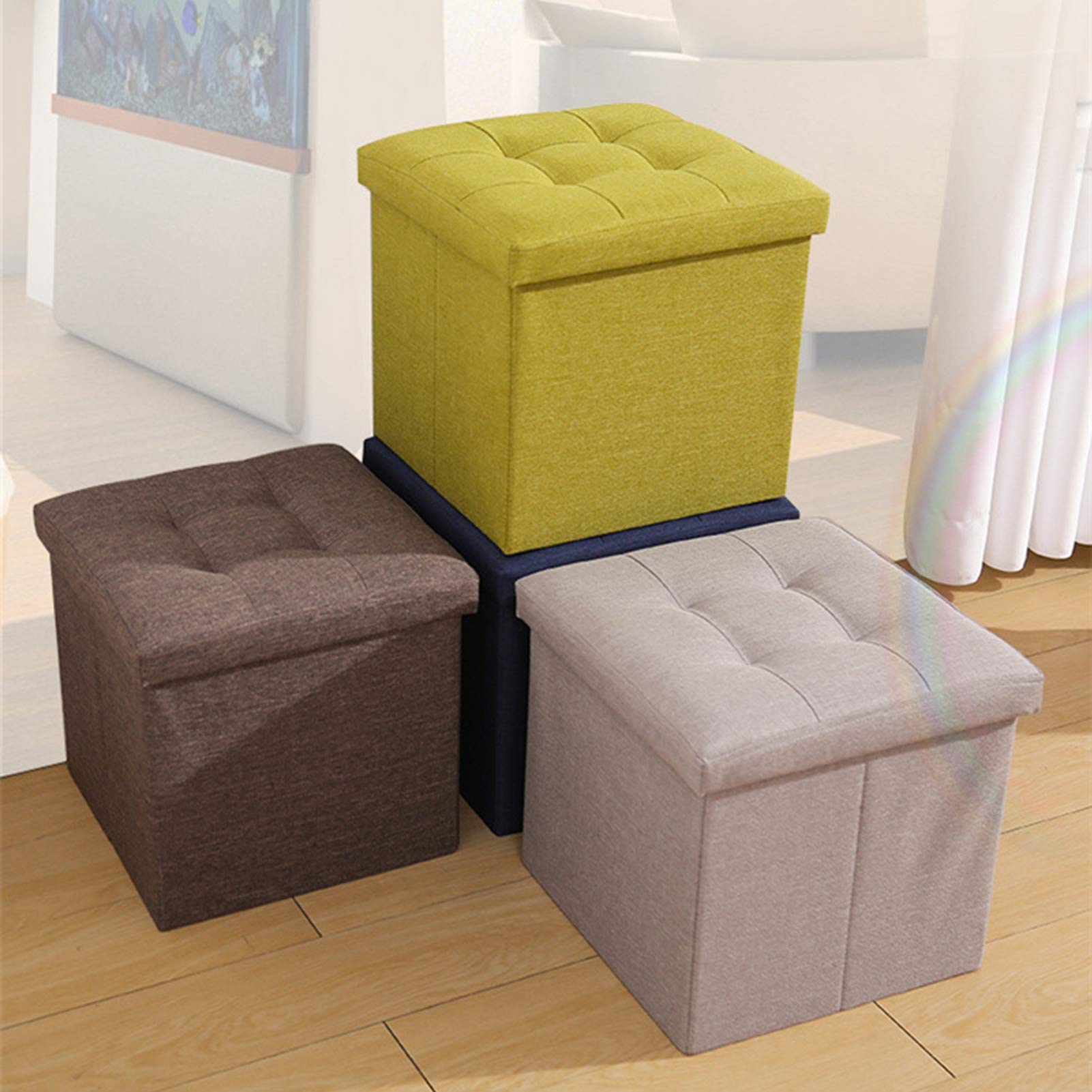 Poggiapiedi Pieghevole ottomano, poggiapiedi cubo Sedile Multifunzione Scatola di Giocattoli Pouf Quadrato in Lino Imbottito, 38 * 38 * 38 cm, Blu