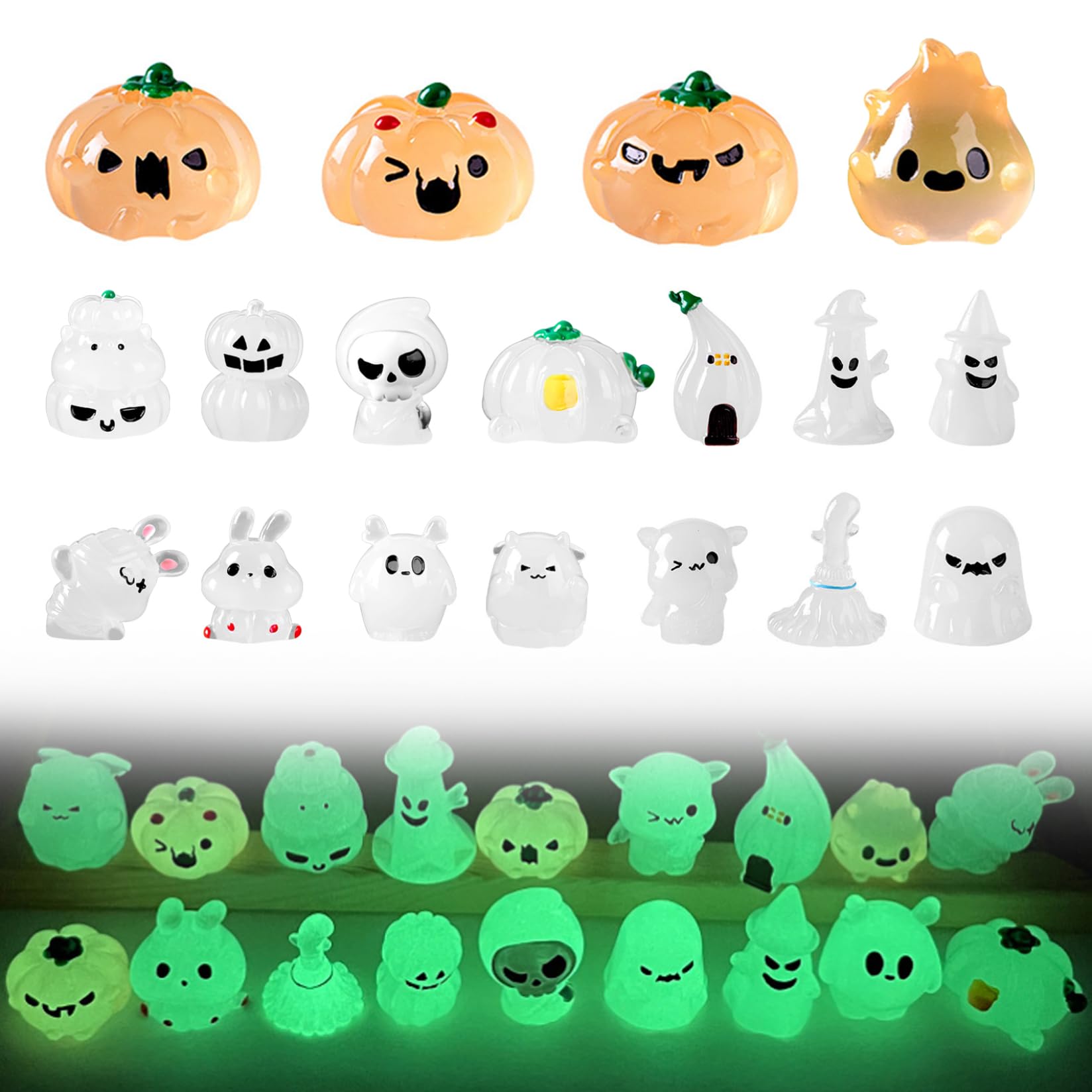 Monwssoe Halloween Decor, Halloween Miniatures 18Pcs Mini Village Accessories Pumpkin Mummy Rabbit Ghost Glow in The Dark Resin Mini Figurine Decor for DIY Crafts Dollhouse