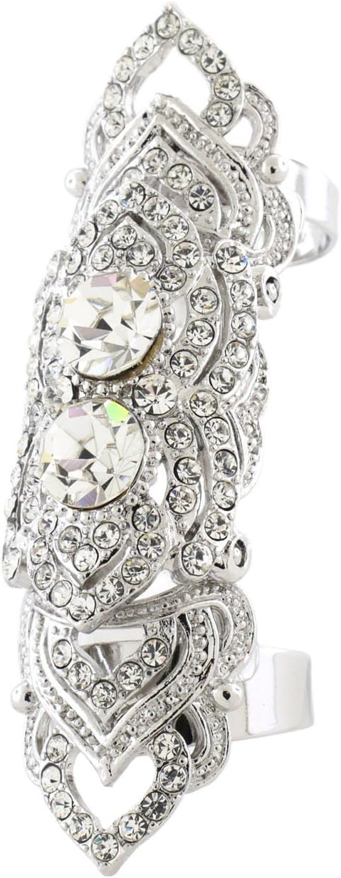 Silvertone Full Finger Rhinestone Crystal Two Band Armor Knuckle Heart Shield Ring (Silvertone)