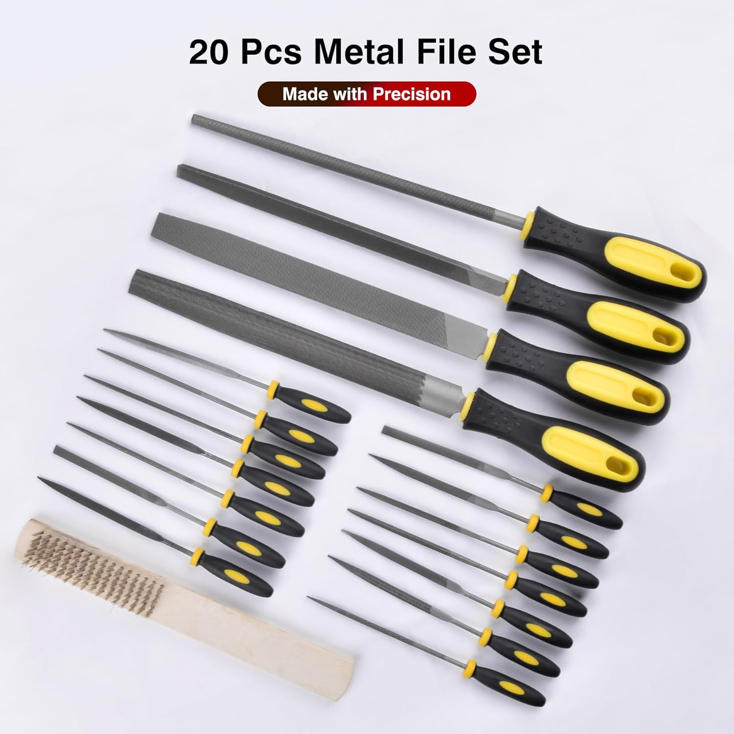 20Pcs Files Set - Premium Carbon Steel Metal File-Set with Suitcase, Flat/Triangle/Half-Round/Round Large Files& 14 x NeedleFiles & Cleaning Brush, Perfect for Wood, Metal Work & DIY Project
