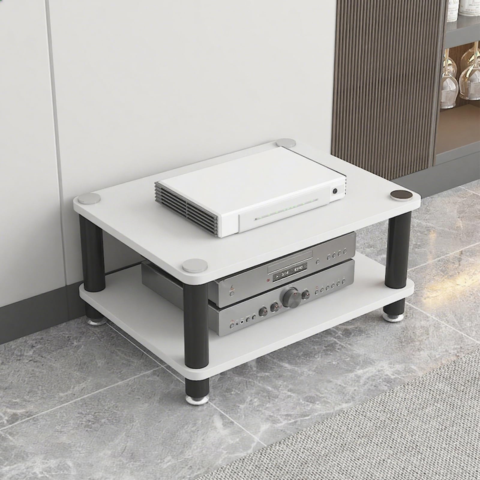Audio-/Video-Media-Ständer mit 4 Ebenen, offener Rahmen, Netzwerk-Rack für IT- und AV-Ausrüstung, kleines Entertainment-Center für Media-Player, weiße Oberfläche, 30 cm Höhe