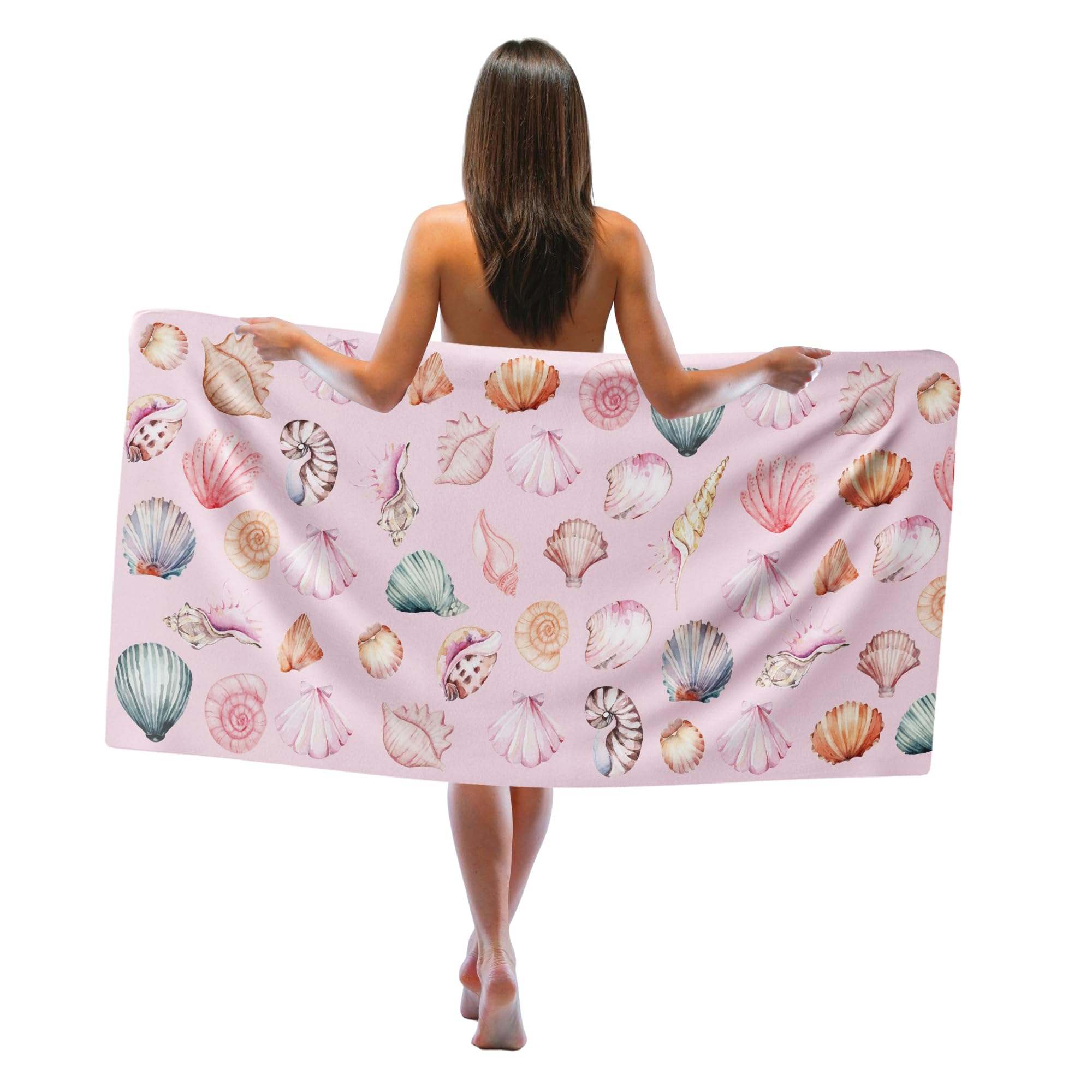 Pink Coastal Seashell Beach Towel, Preppy Seashell Sand Beach Towels Gifts for Women Girls, Pink Coastal Sea Shell Quick Dry Bath Pool Towels for Beachy Bathroom Swimming Pool, 30x60 in