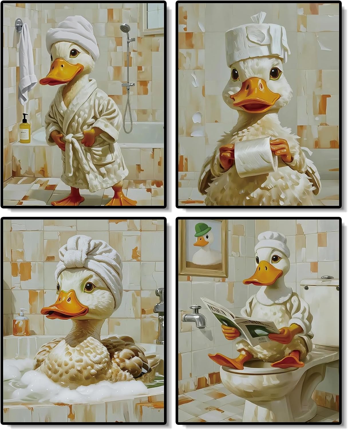 ACIYQHI Funny Duck Bathroom Wall Art Print Animal Art Poster,Vintage Restroom Farmhouse Decoration 8 * 10 Inch Set of 4 Unframed
