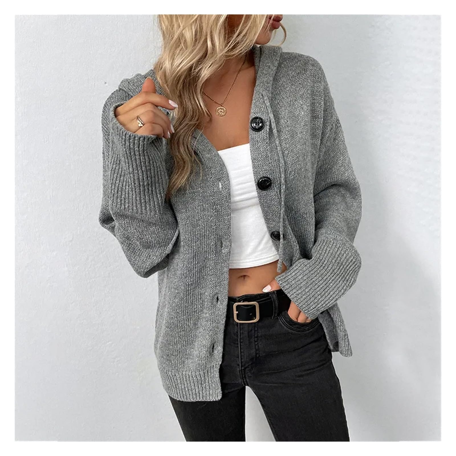 Sudadera con Capucha de Punto con Botones y Manga Larga for Mujer, Chaqueta con Capucha, cárdigan for otoño e Invierno, Atuendo Informal for Mujer(Gray,M)