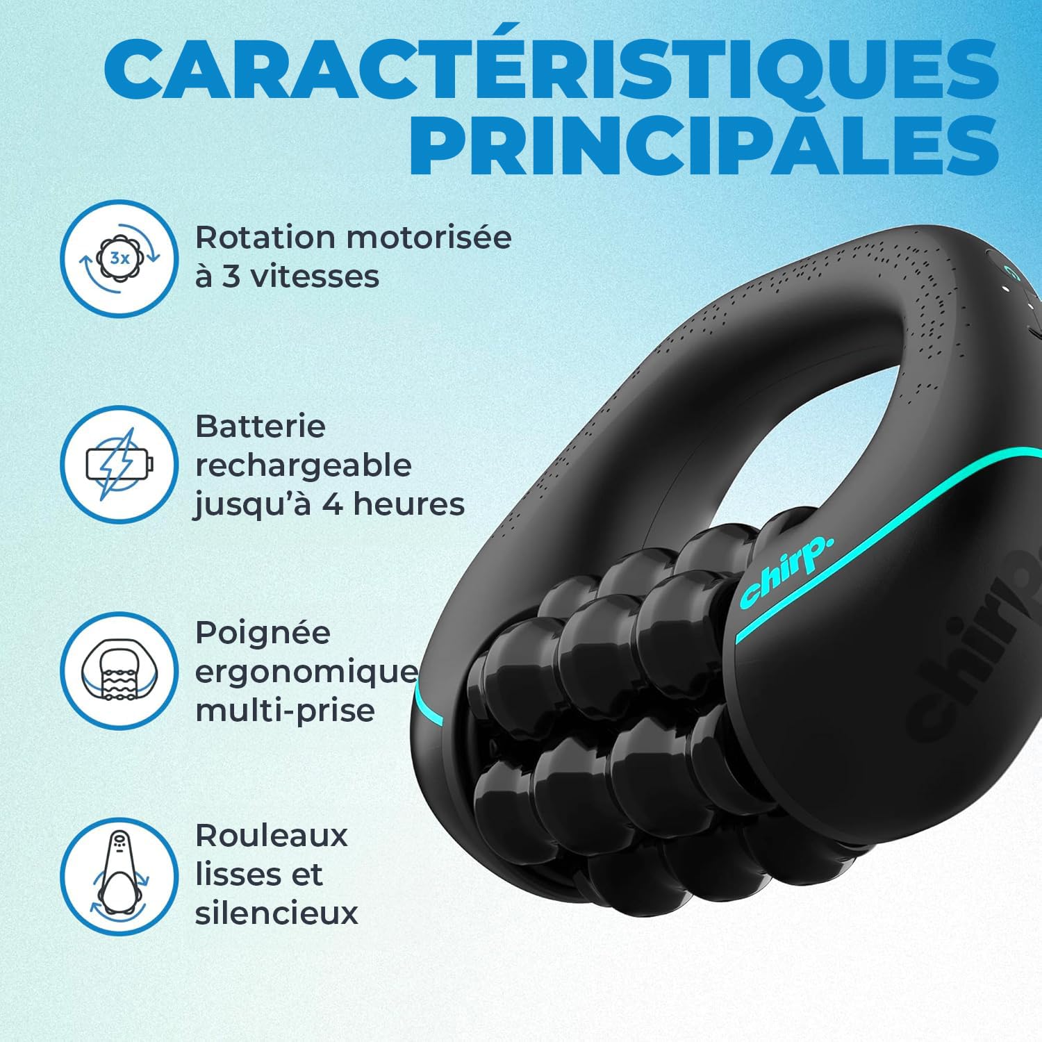 Chirp RPM Mini masseur à percussion roulante – Massage complet du corps, récupération musculaire & tissus profonds – Rechargeable, mains libres, rotation 3 vitesses