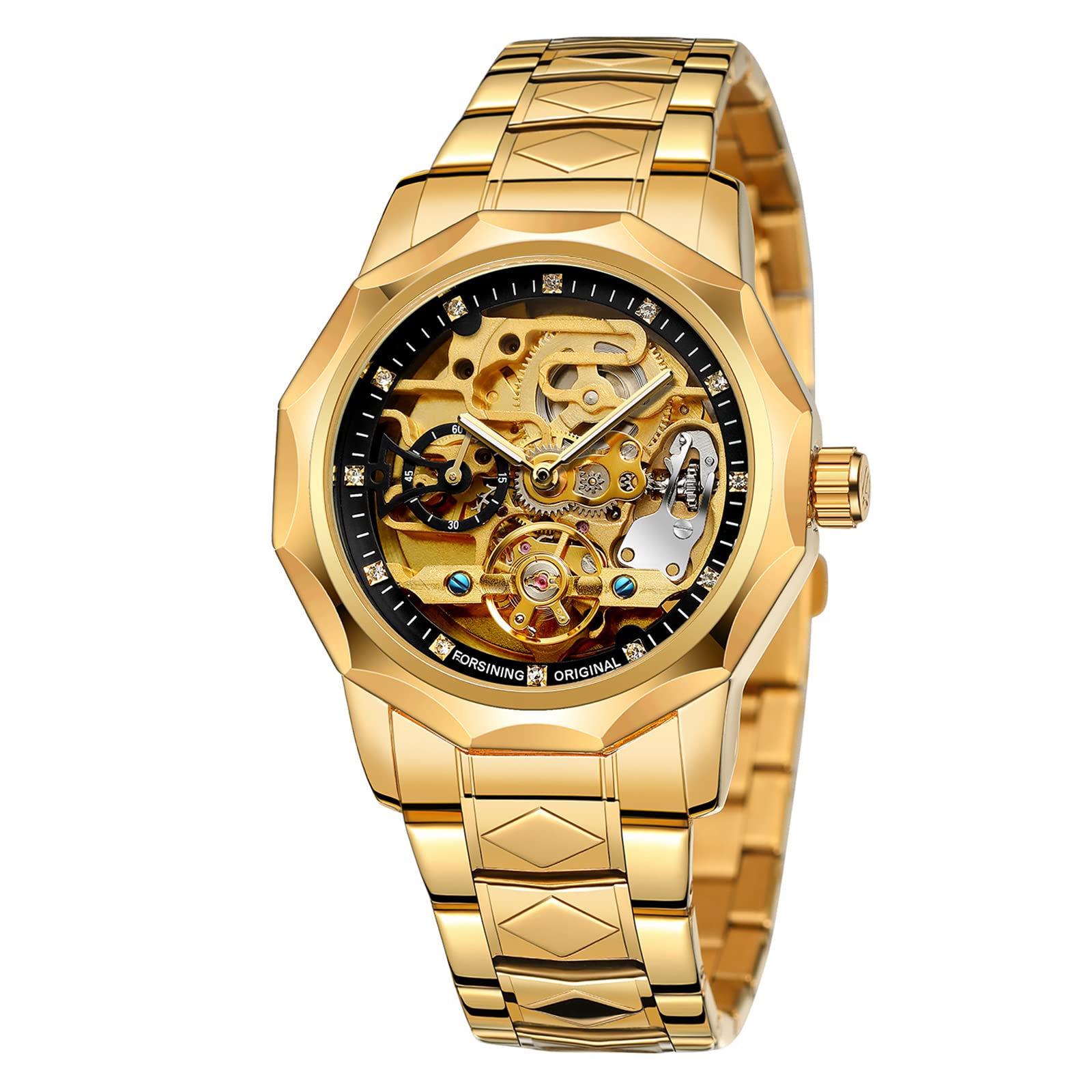 Armbanduhr Herren Analog Automatik Edelstahl Mechanische Skelett Männer Uhr Glas Rückseite
