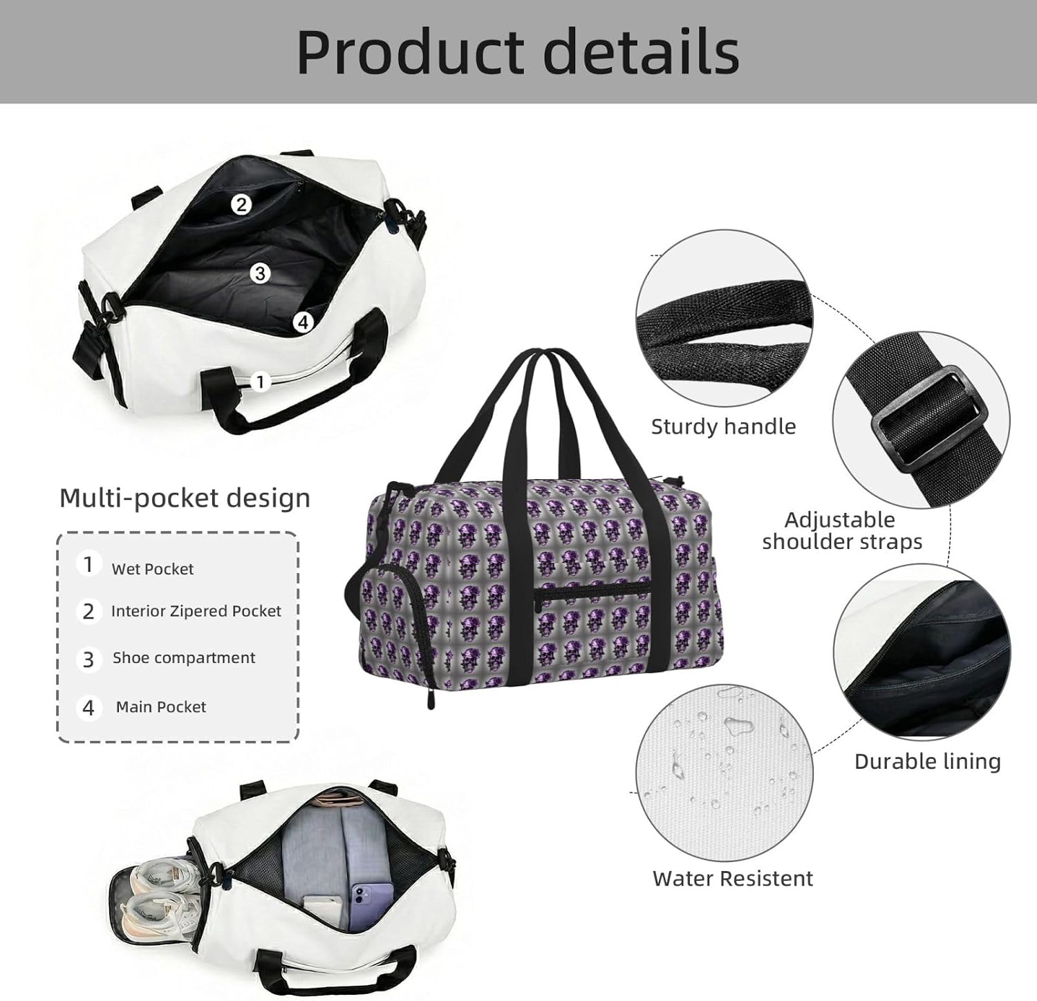 Purple Rose And Skull Print Handheld Sports Luggage Unisex Crossbody Bag Travel Weekend Fitness Workout image 5