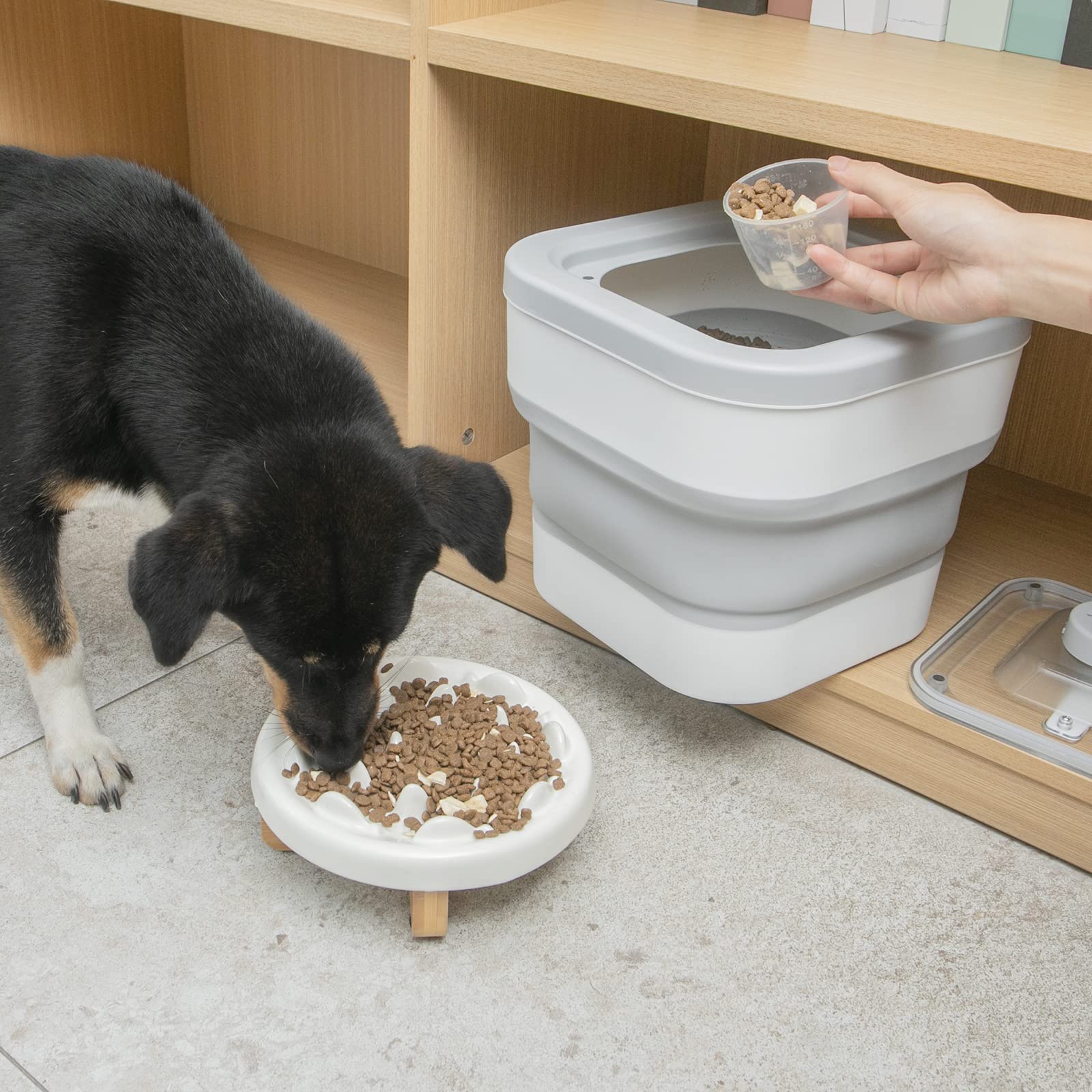 Hundefutter Aufbewahrung Futterbehälter Luftdicht mit Schaufel Messbecher Faltbarer Futtertonne Deckel Dog Food Container