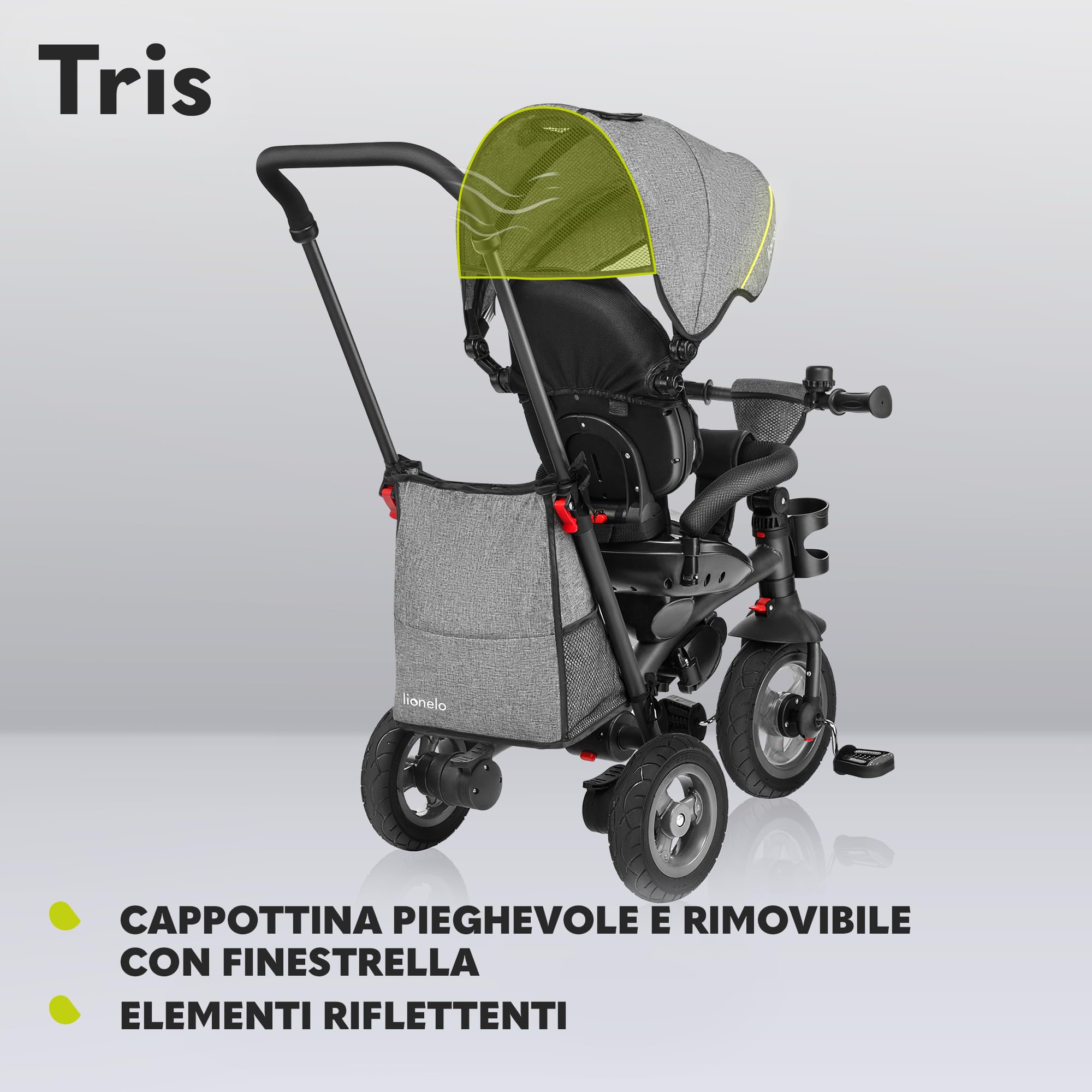 LIONELO Tris Plus 2in1 Bicicletta Triciclo e Passeggino pieghevole per bambini da 9 mesi fina a 25kg Sedia 360gradi Fronte Mamma o Strada Bici regolabile e compatta Borsa Portabibite Ruote PU