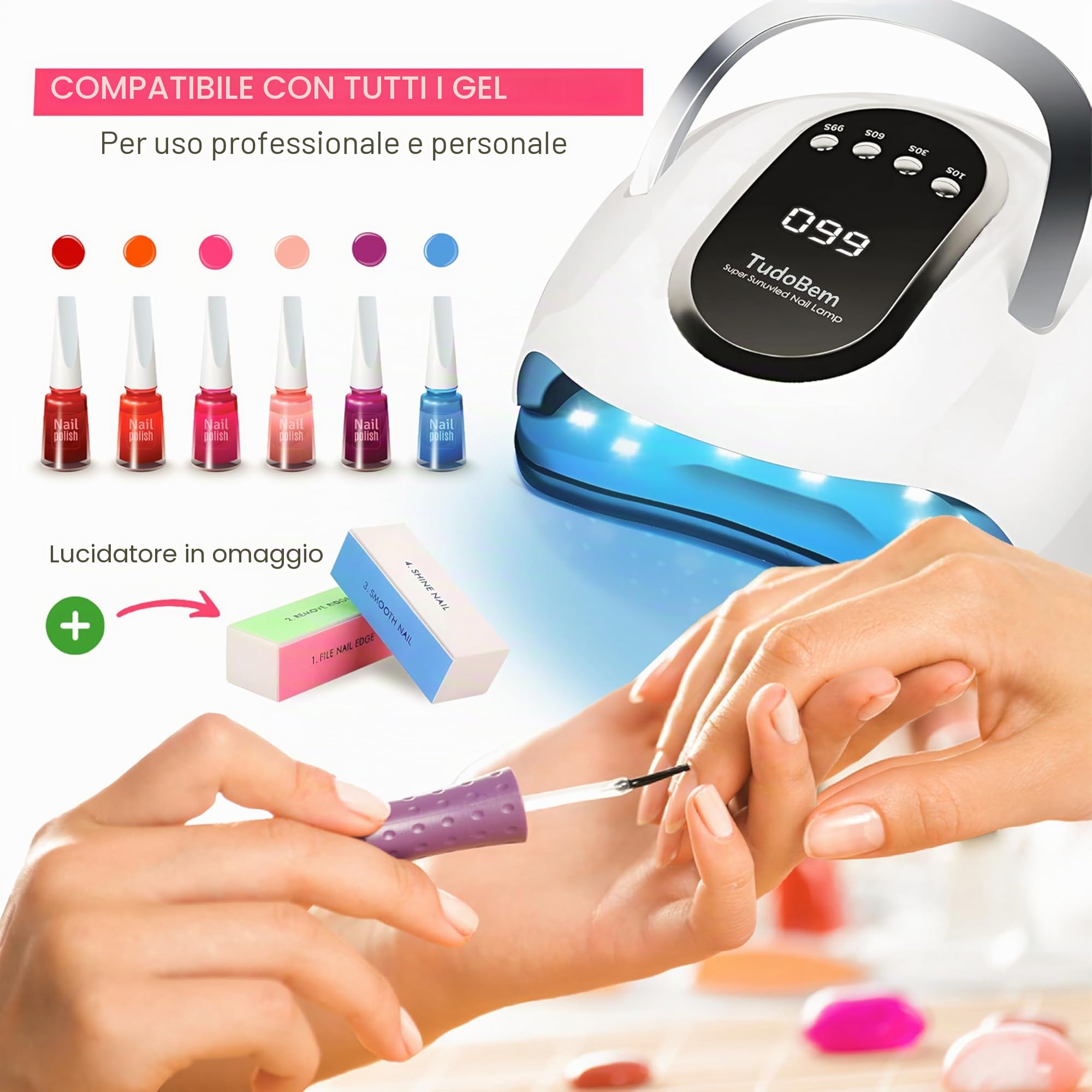 TudoBem Lampada UV Led Unghie 220 Watts Professionale, Lampada LED Unghie con 66 Lampadine, Fornetto Unghie Semipermanente, Lampada UV Automatica, Gel Mani Piedi, Timer [10/30/60/99s]