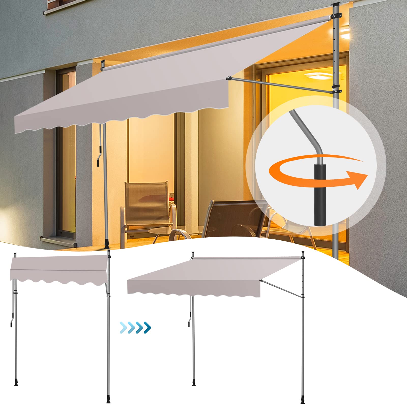 Fiqops Tenda da Sole 300x120cm, Tenda da Sole per Balcone, Regolabile in Altezza, Idrorepellente, Senza Forare, Beige