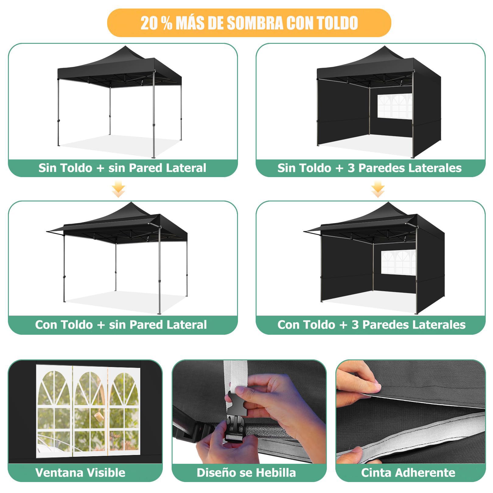 COBIZI Gazebo 3x3 Pieghevole con Parasole e Pannelli Laterali,Nero | Impermeabile UV50+ Gazebo Esterno Resistente 3x3 Tendone da Esterno Tenda per Giardino Auto Campeggio Spiaggia Fiere