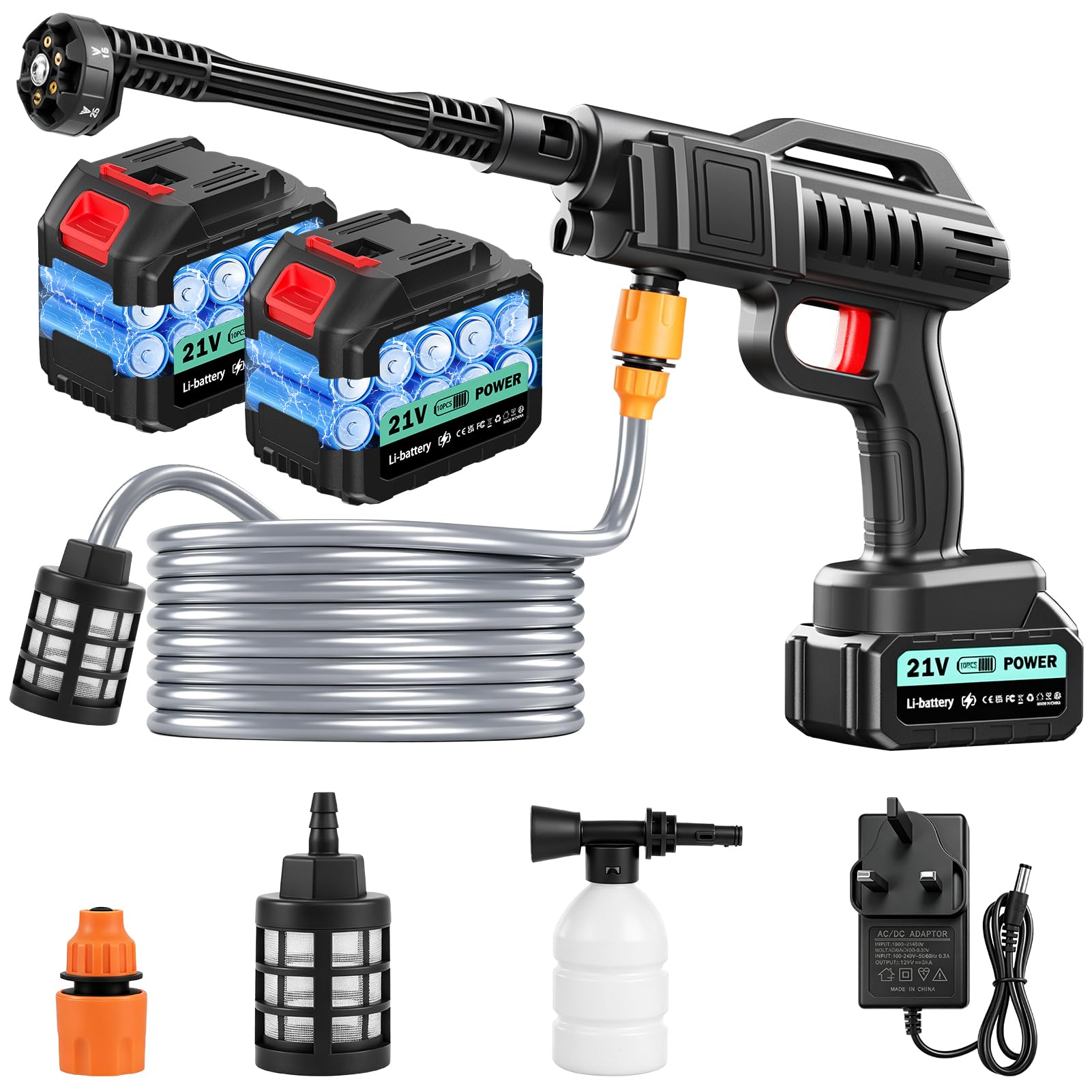 21V Cordless Pressure Washers, 80Bar/1160PSI, 6L/min, 6-in-1 Nozzle with 5M Hose & 2 Nozzles, 2×3.0Ah Batteries, 10m Jet Distance, Portable Jet Washer for Car Patio Garden Cleaning