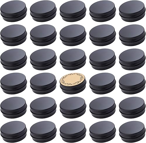 Tarro de aluminio con tapa de rosca de 1 onza  1.0 fl oz con tapa de rosca y etiquetas en blanco (negro, paquete de 32)