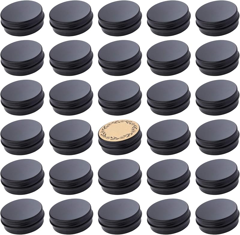 Art Secret Frascos Redondos de Alumínio Preto com Tampa de Rosca e Etiquetas, 30 mL, Pacote com 32