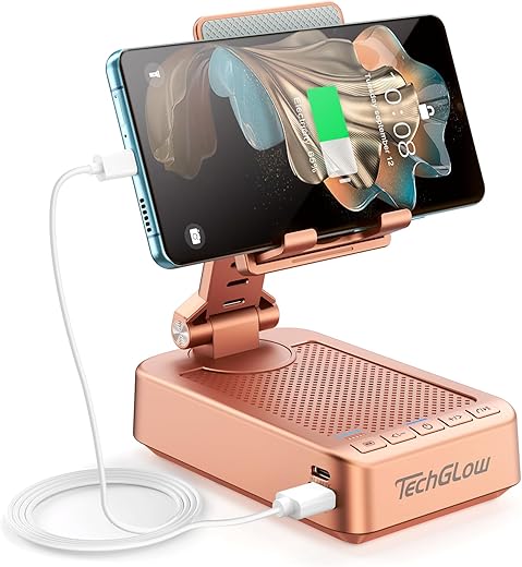 TechGlow Gifts for Men Women Foldable Cellphone Stand with Bluetooth Speaker and Charging Function 360° Rotatable Phone Stand Birthday Gift Idea for Mom Dad Cool Tech Gifts-Rose Gold