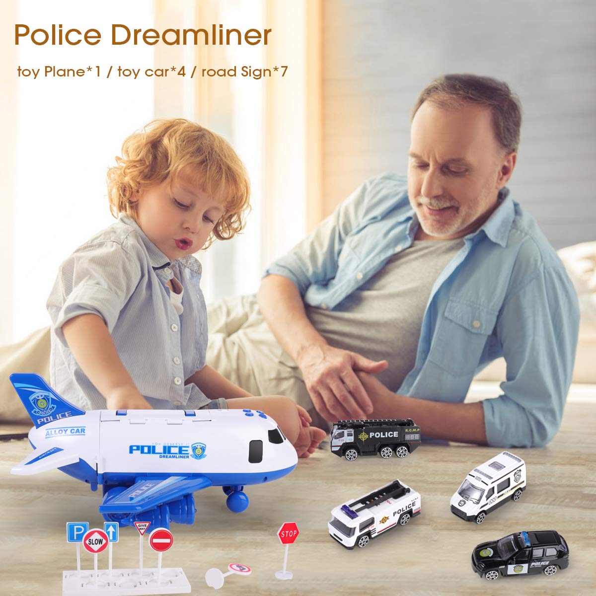SHANNA Aerei Giocattolo Bambini, Aeroplano A Inerzia con Set di Giocattoli Educativi per Veicoli, 1 Aereo Grandi Dimensioni, 4 Auto in Lega Ragazzo Ragazze Regalo (Auto Polizia-Blu)