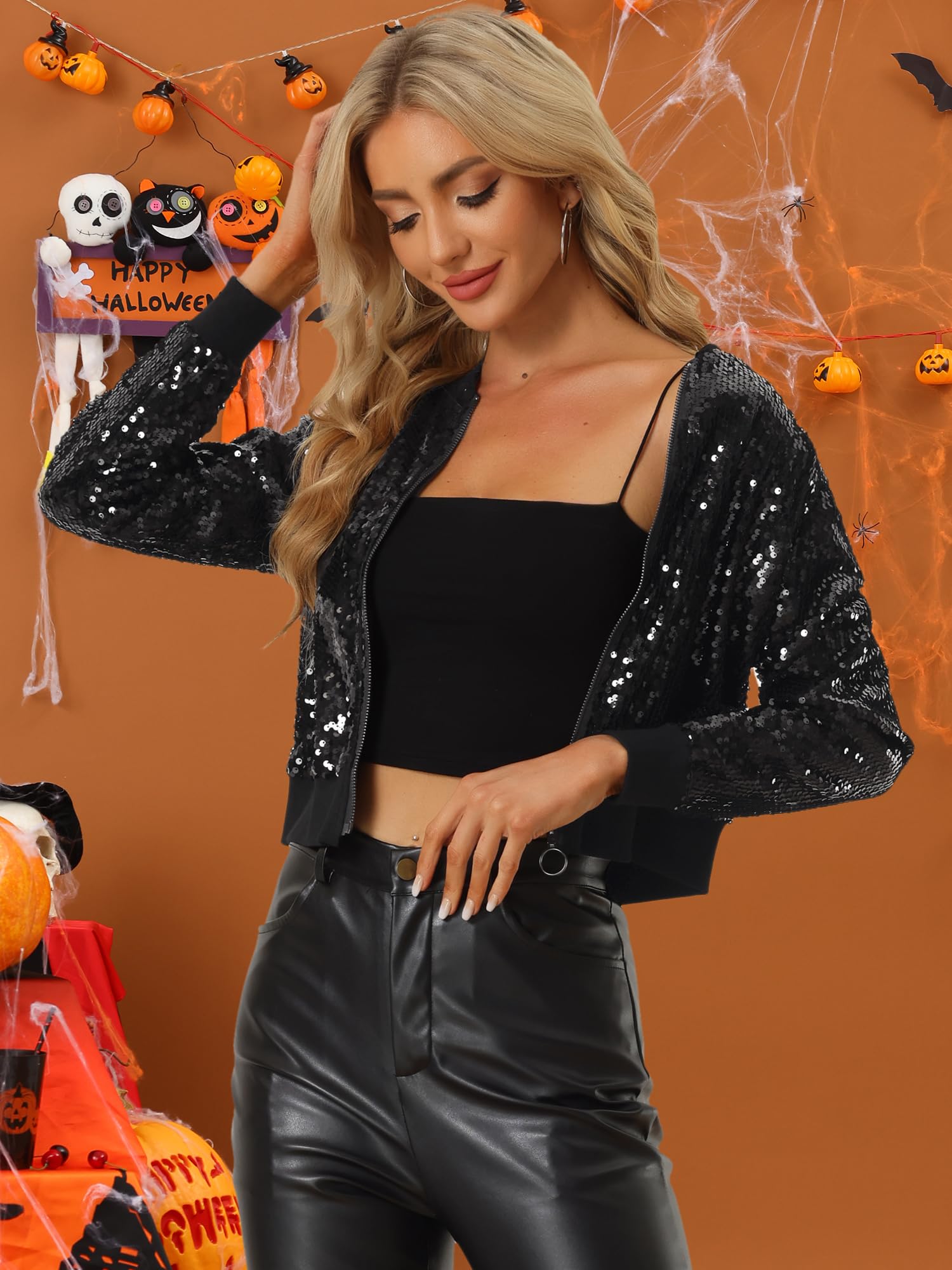 Allegra K Damen Pailletten Bomberjacke