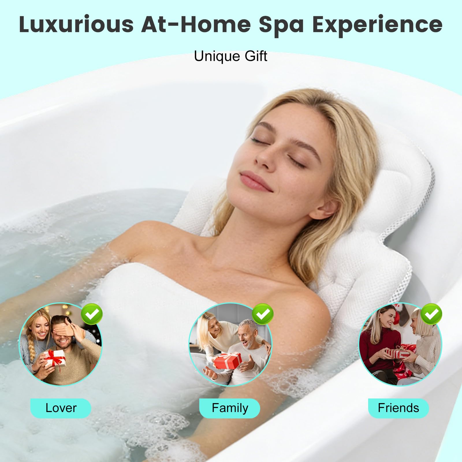 Coussin de bain épais pour baignoire, avec 192 ventouses, coussin épais avec soutien du cou, du dos et des lombaires, coussin de bain épais avec sac à linge (blanc Pro)