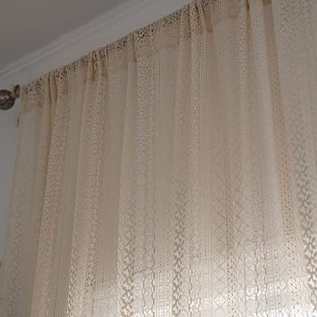 USTIDE 2-Panel Crochet Curtains 150x220cm - Beige Boho Lace Window Drapes with Tassels | Rod-Pocket Net Curtains for Living Room Kitchen Dining Decor