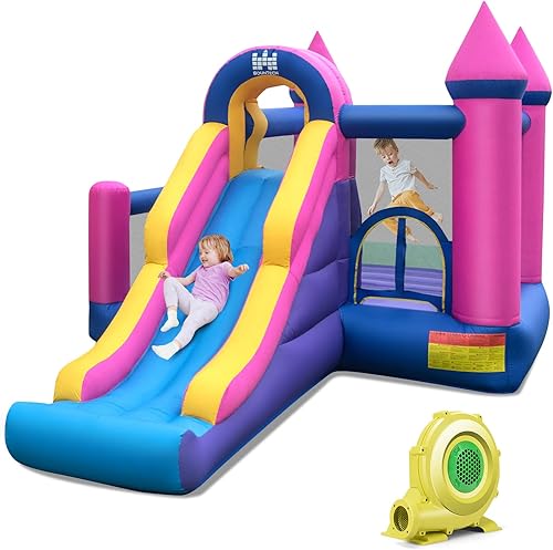 BOUNTECH Casa inflable de rebote para niños pequeños de 5 a 12 años, diversión de fiesta en interiores y exteriores con tobogán largo, borde de