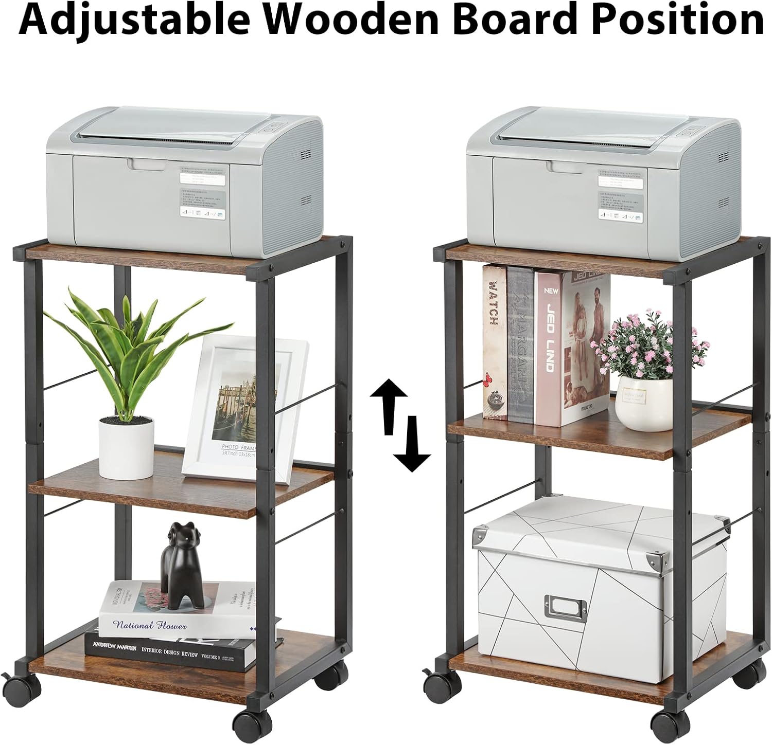 MOOACE Printer Stand, 3 Tier Under Desk Home Printer Cart on Wheels, Industrial Height Adjustable Wood Rolling Printer Table for Fax Machine, Scanner,Rustic Brown and Black : Office Products