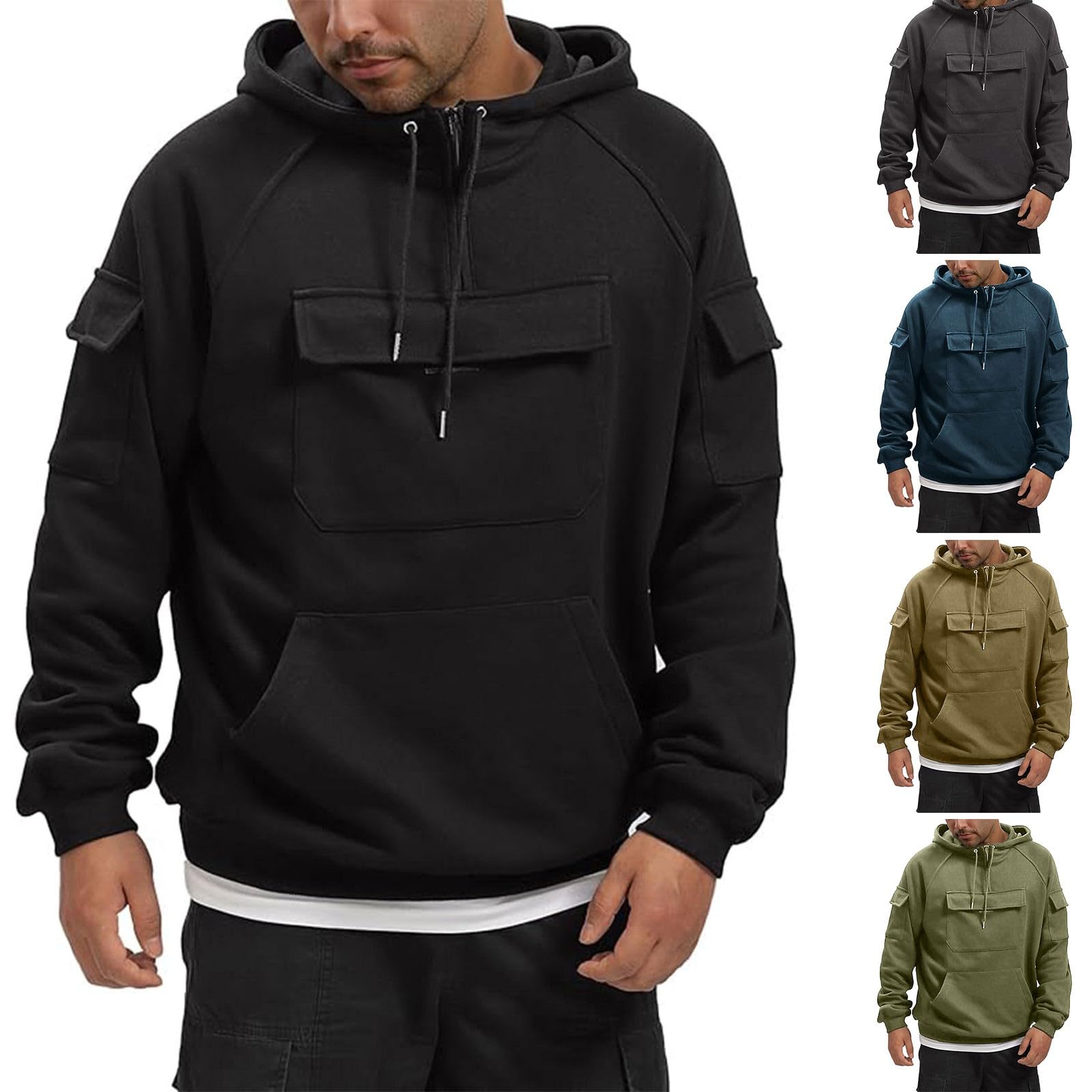 Taktyczne bluzy z kapturem dla mężczyzn Cargo Quarter Zip Multi Pocket Bluzy z długim rękawem jesień i zima solidne codzienne modne ubrania sportowe trening siłownia topy