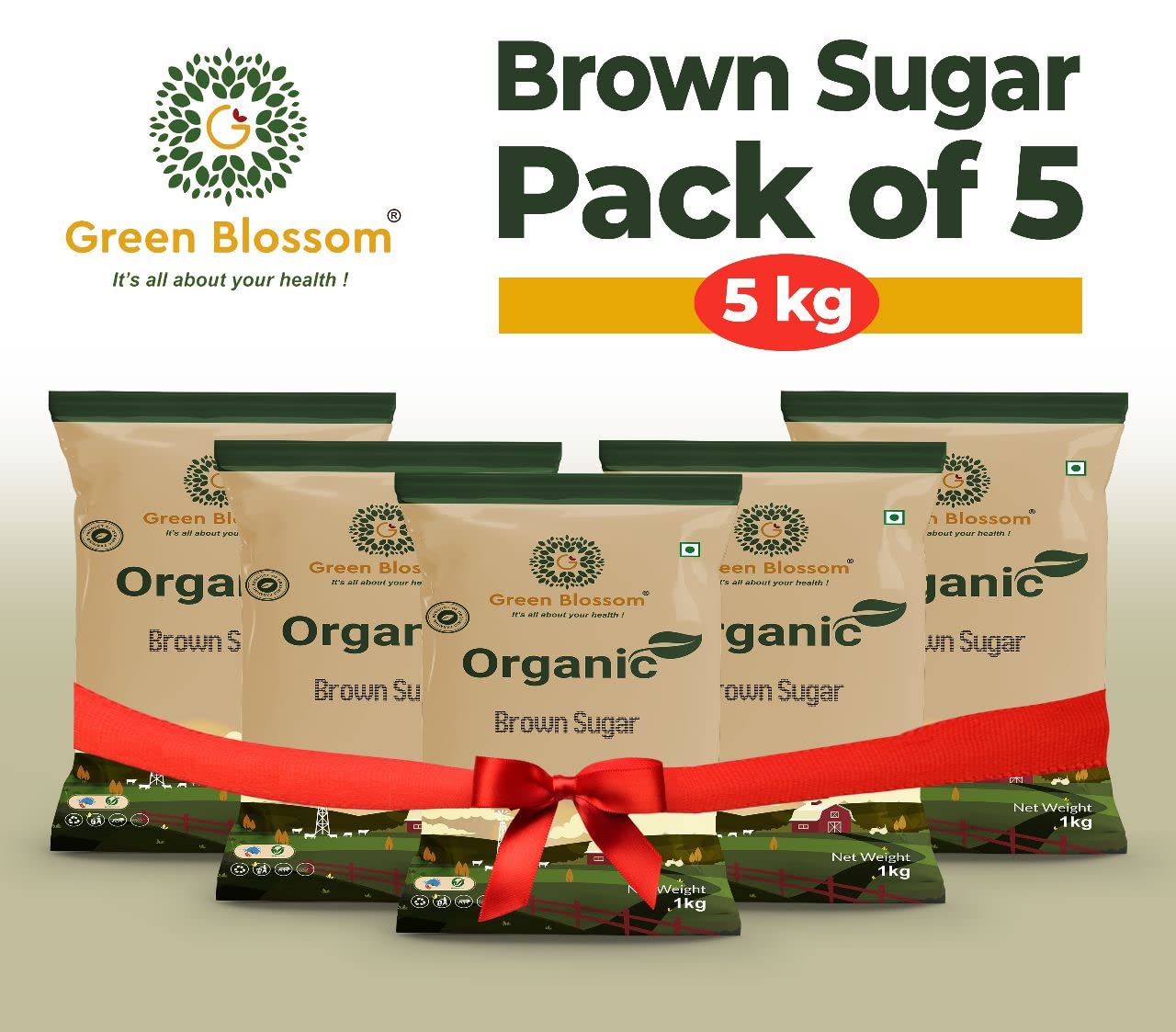 Green Blossom Organic Brown Sugar - 5 Kg (1 Kg x Pack of 5) | Chemical-Free Sweetness | Pure and Nutrient-Rich | 100% Vegan"