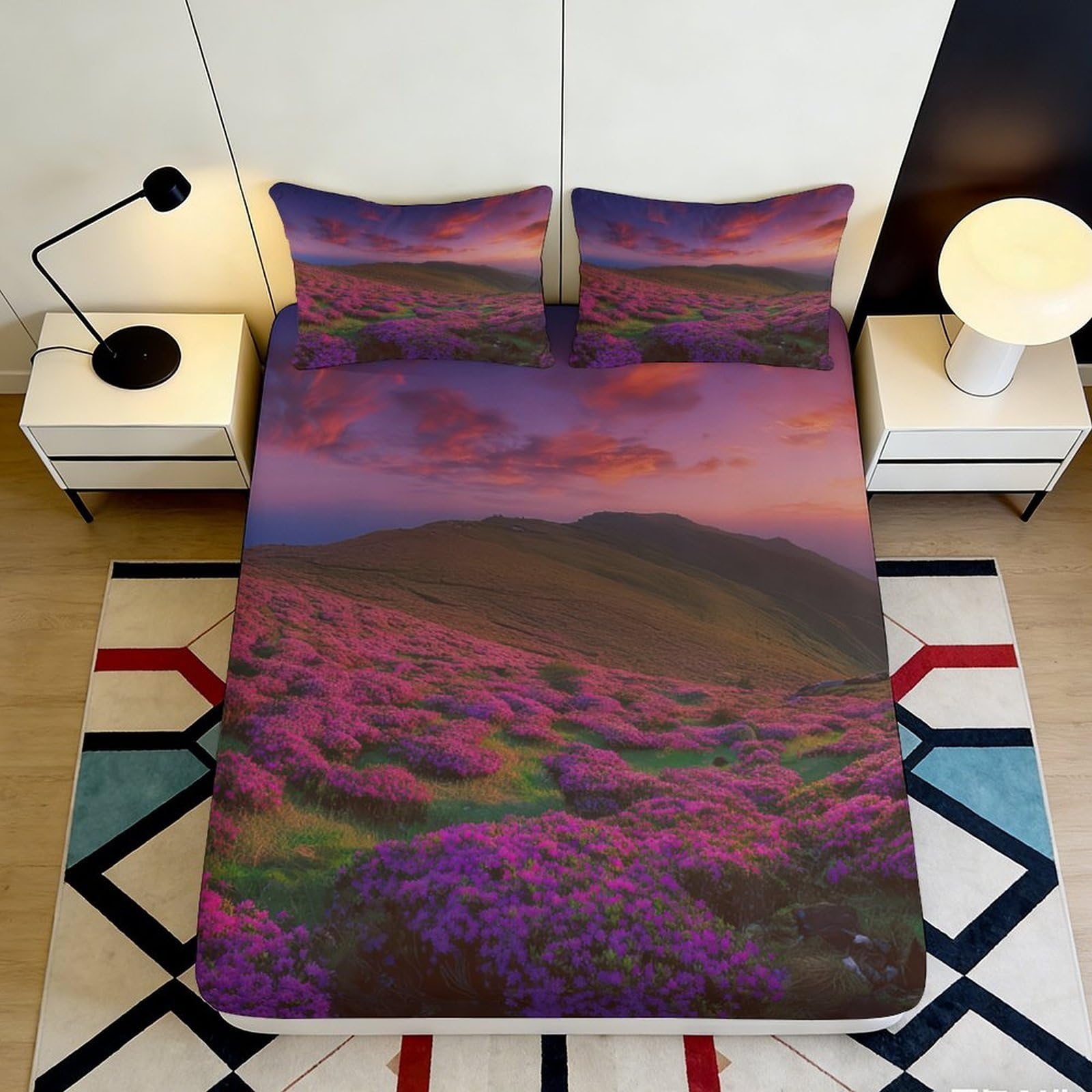 3D Printed Purple Flower Landscape Fitted Sheet Microfiber Soft Breathable Sunset Sky Bed Cover for Bedroom Dormitory Guest Room Mattress Protection 200x200x25cm