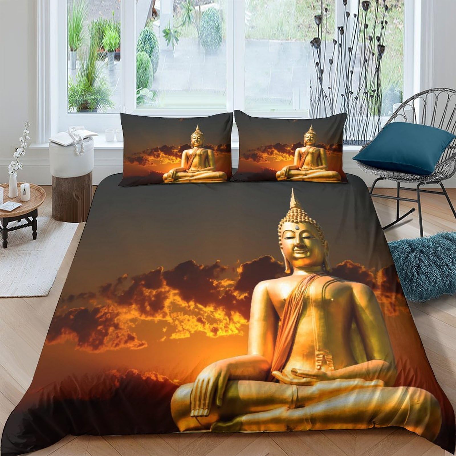 TUFRTGYHN 3D Printed Buddha Sunset Duvet Cover Microfiber Soft Breathable Golden Buddha Quilt Cover Set with 2 Pillowcases for Bedroom Decor Single（135x200cm）