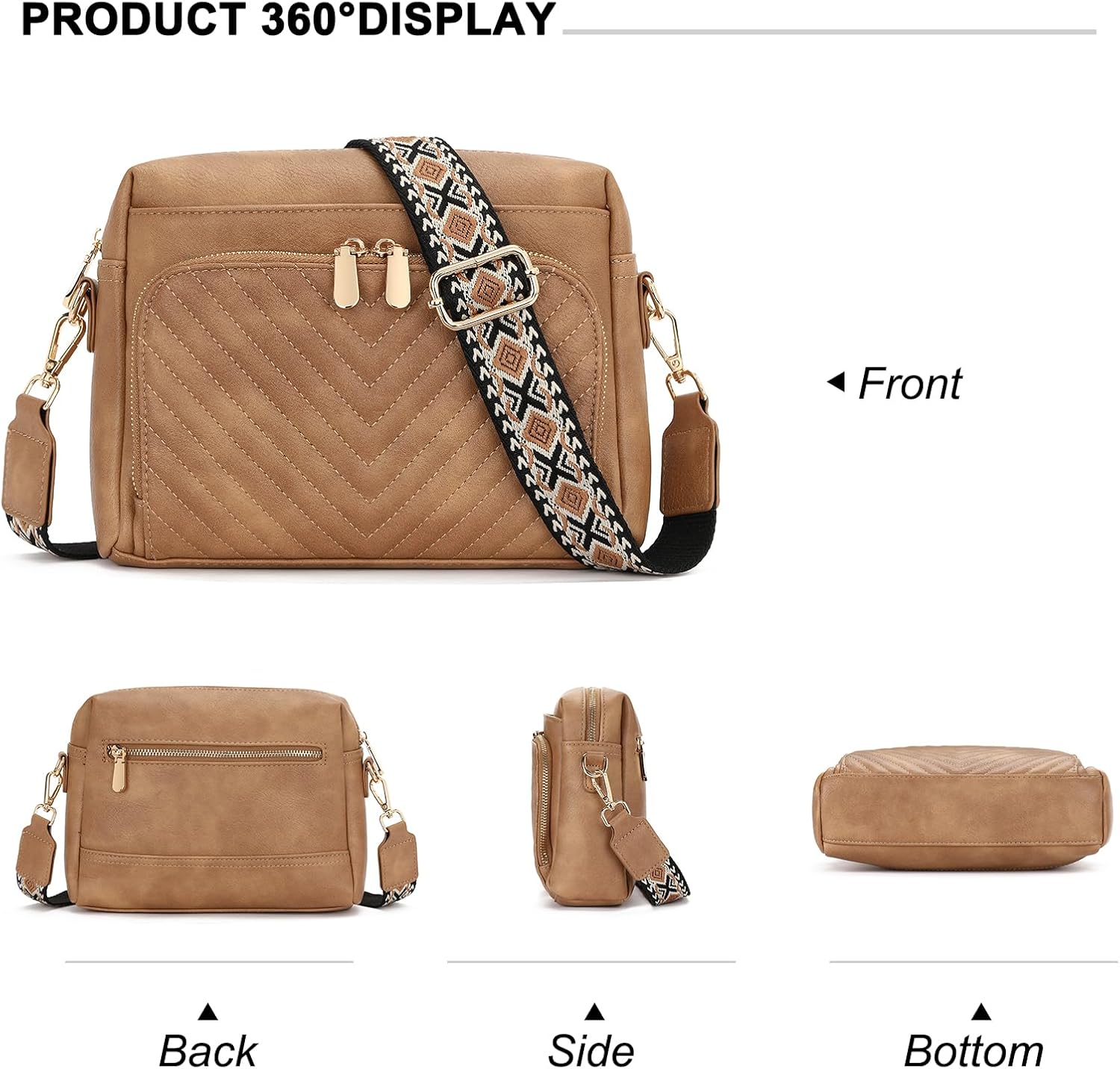 GAEKEAO Quilted Crossbody Bags for Women Vegan Leather Purses with Wide Strap,Women's Mudium Travel Purse Built in Wallet
