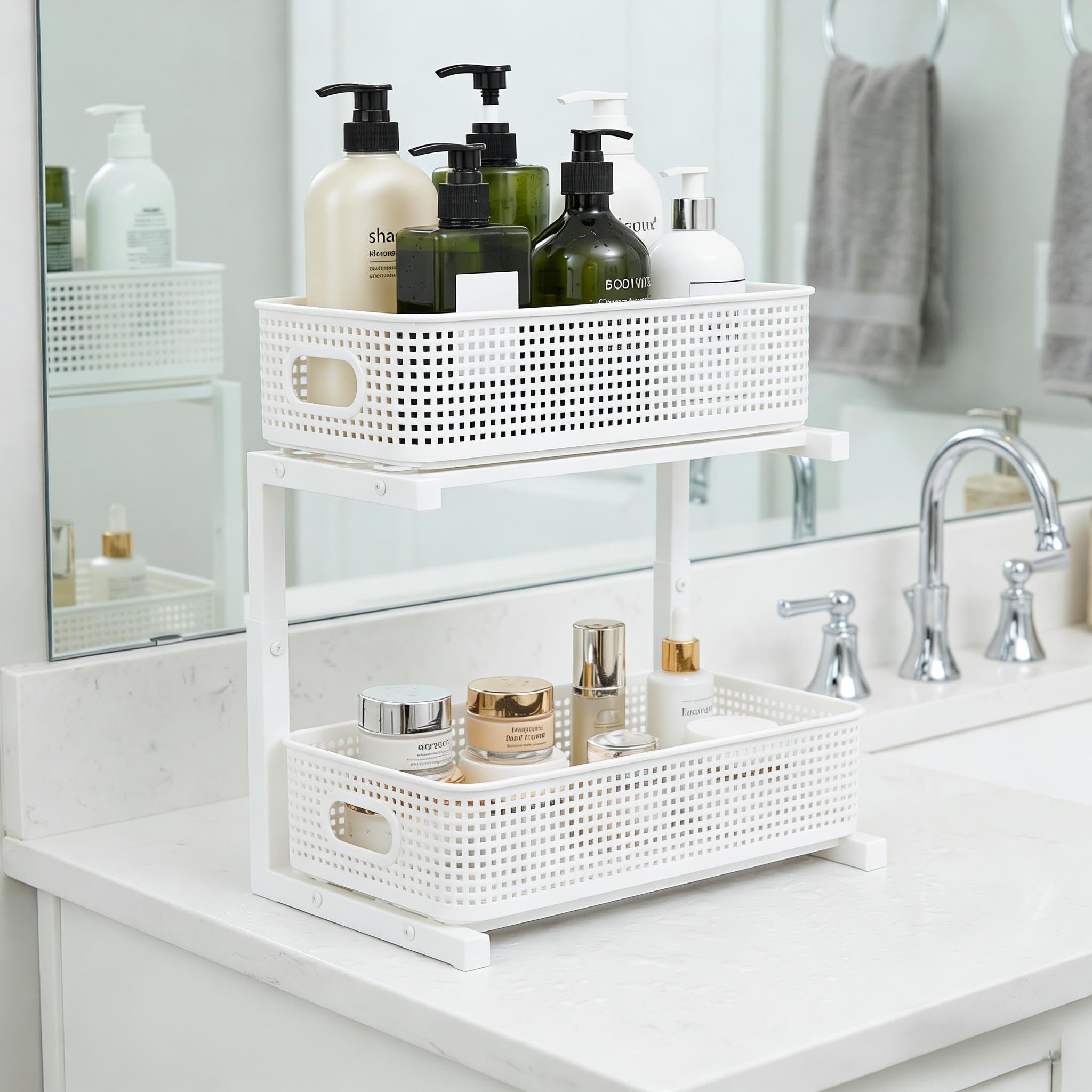 küchenschrank organizer,1 Stück ausziehbarer Schubladenregal | Spülen Organizer Badezimmerschrank-Aufbewahrung|Verstellbarer Metall Schiebeschubladen für Vorrats und Schrankorganisation,weiß