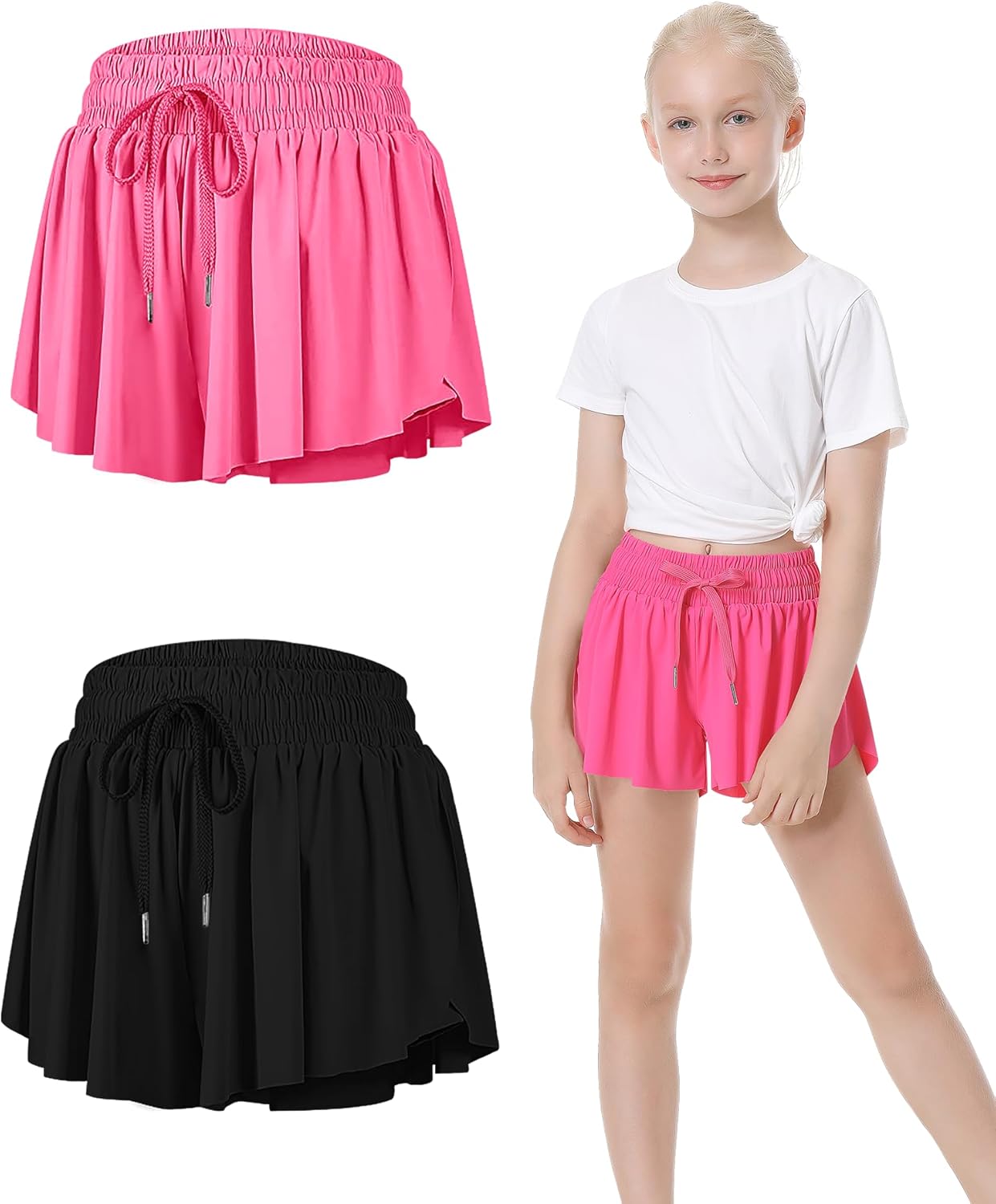 QooNoo Girls Butterfly Shorts with Pocket Flowy Athletic Shorts High Waist Preppy Running Shorts for Kids Teen