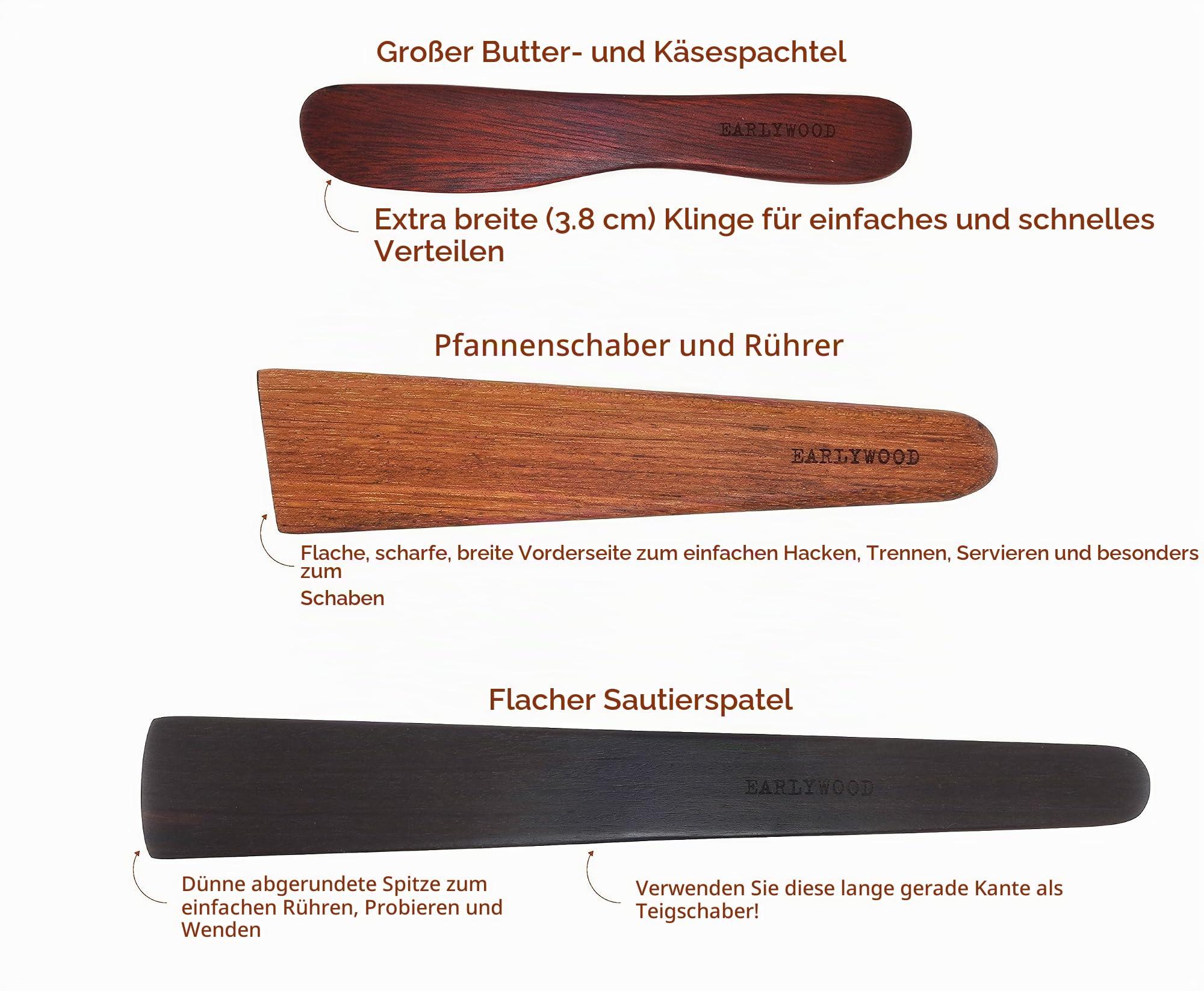 Earlywood Trifecta, The Ultimate 3-Piece Cooking Tool Combination - Mexican Ebony, Jatoba, Bloodwood by Earlywood