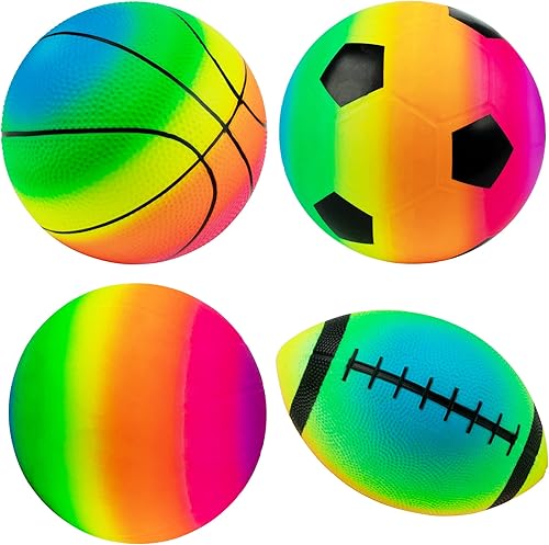 Rainbow Sports Balls - Juego de 4, 1 de cada una de 8.5 pulgadas de fútbol, baloncesto, fútbol y voleibol para parque infantil, juego de pelota