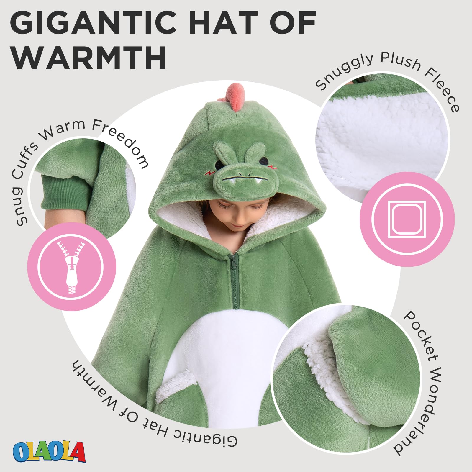 OLAOLA Dinosaur Oversized Blanket Hoodie for Kids Sherpa Fleece Wearable Blanket with Sleeves & Pockets Soft Warm Cosy Hooded Sweatshirt Fluffy Wearable Throw for Girls Boys - Image 2
