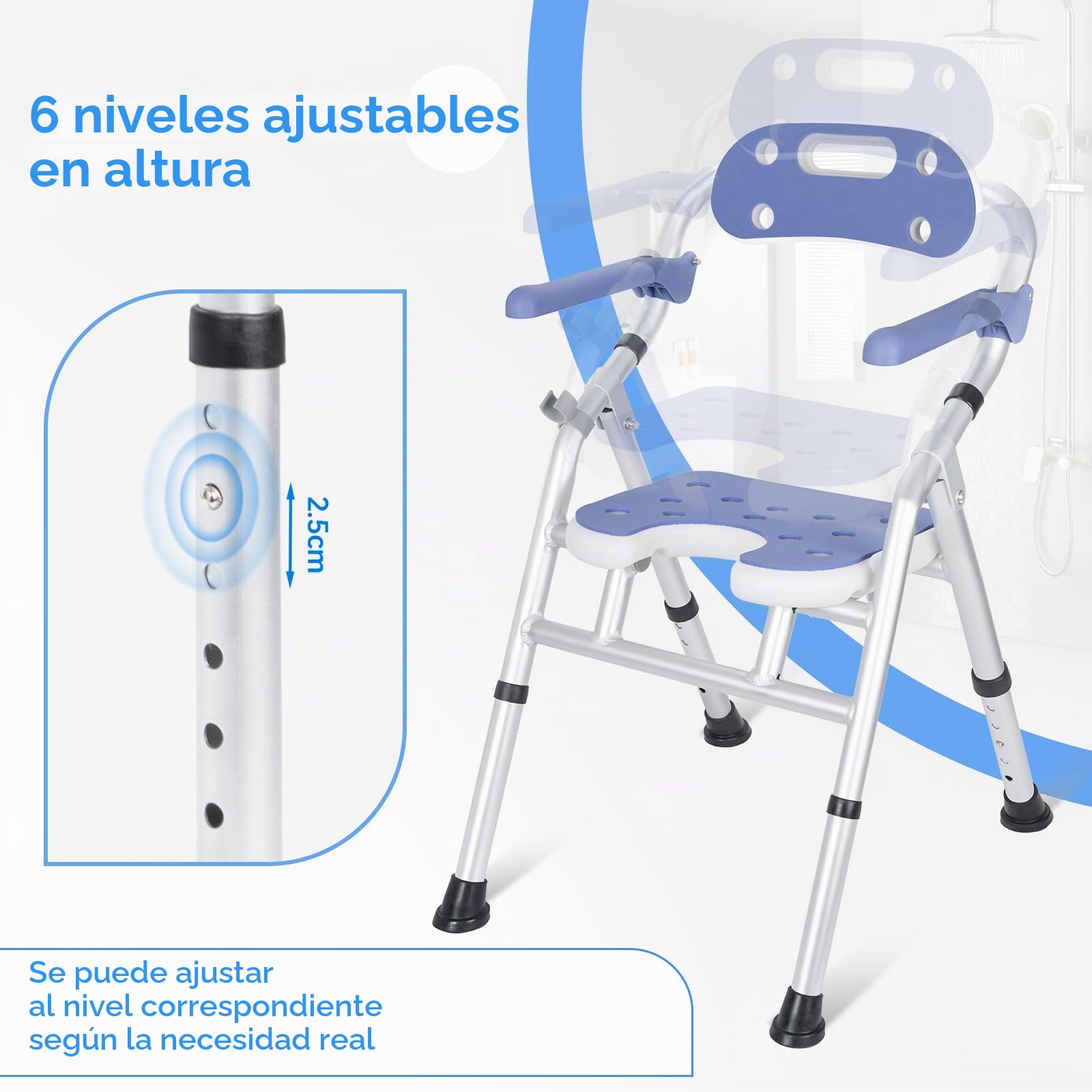 OUUTMEE Silla de ducha plegable con altura ajustable, silla de baño plegable con brazos y respaldo - Asiento de baño que ahorra espacio para la seguridad de los ancianos (blanco)