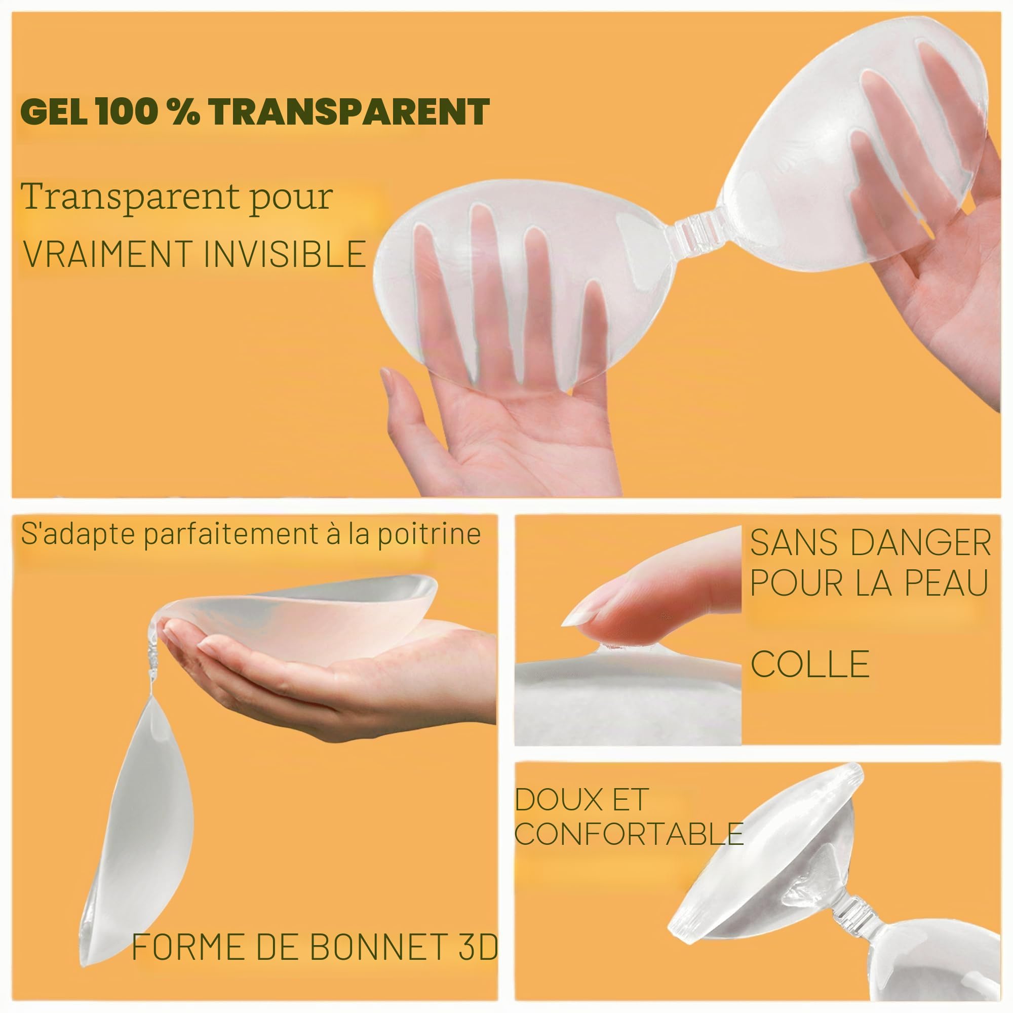 Nimiah Soutien-gorge adhésif invisible en silicone push-up - Soutien-gorge transparent auto-adhésif pour femme - Dos nu et haut