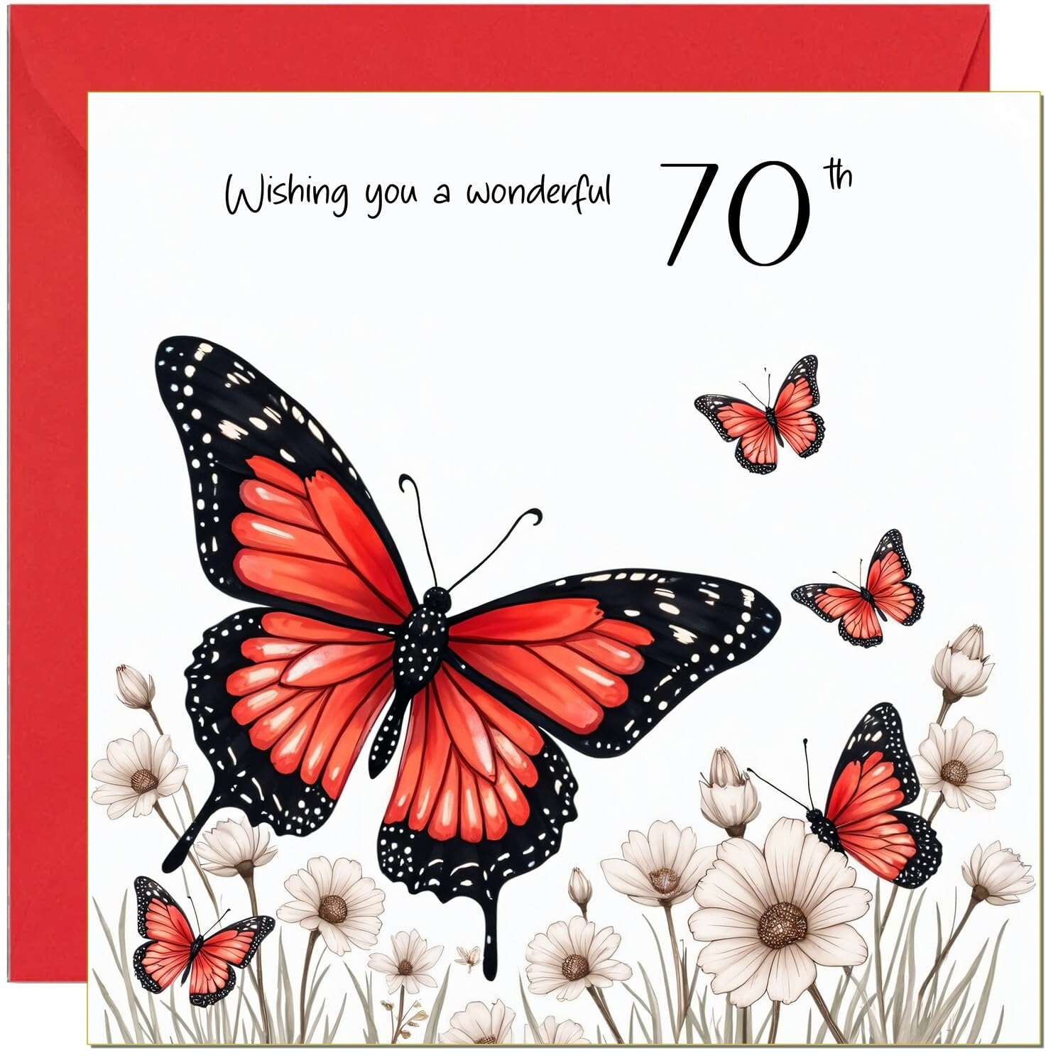 70th Birthday Card Red Butterfly & White Flower Design - With Red Envelope - Cute Birthday Card for 70 Year old Seventy, Seventieth