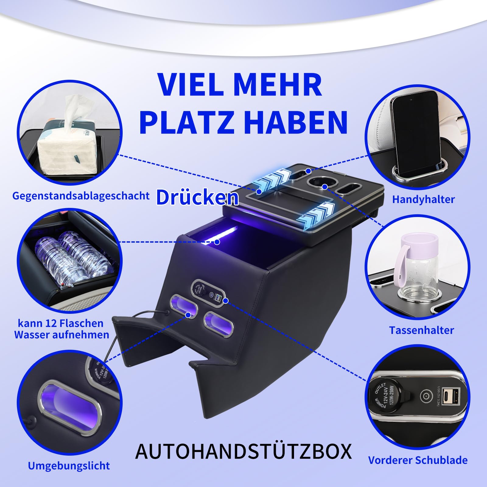 Boîte de Rangement d'accoudoir pour Classe V V220 V260 V250 W447, boîte de Main Courante arrière de Chargement USB (Black)