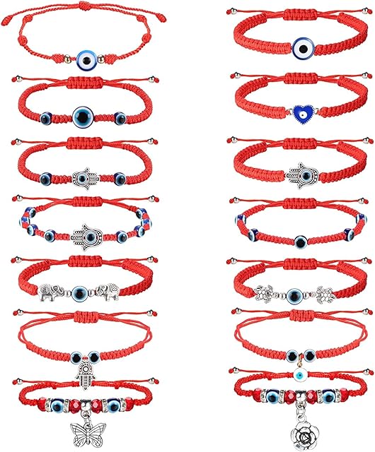 LOLIAS 14PCS Evil Eye Bracelets Adjustable Kabbalah Protection Luck Red Black String Bracelet for Women Men Hasma Bracelet Protection Amulet for Family Friends