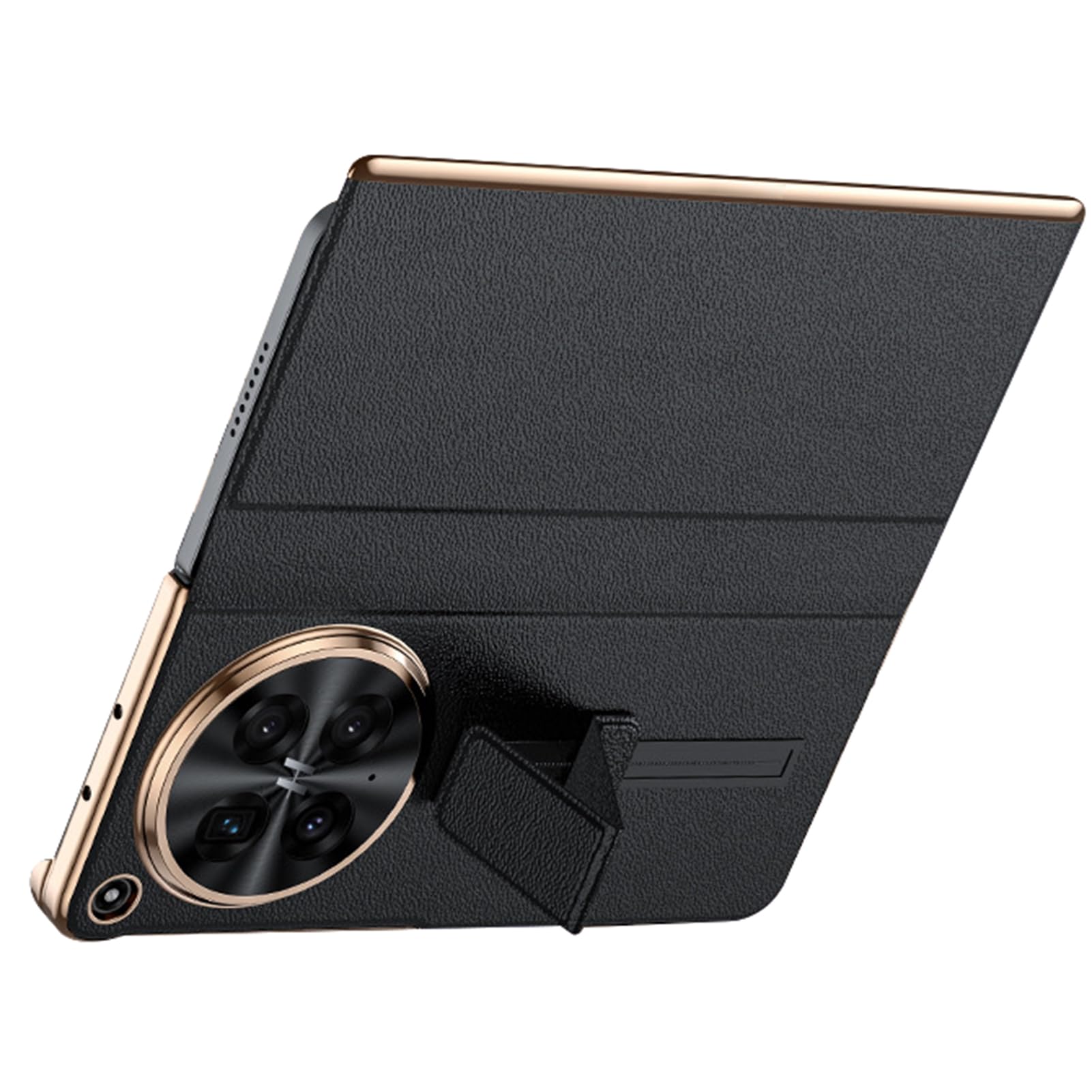 LUOTANL Plating Case for Oppo Find N6, Finger Strap Genuine Leather Case Flip Folio Magnetic Closure Protection Cover,Black,N6