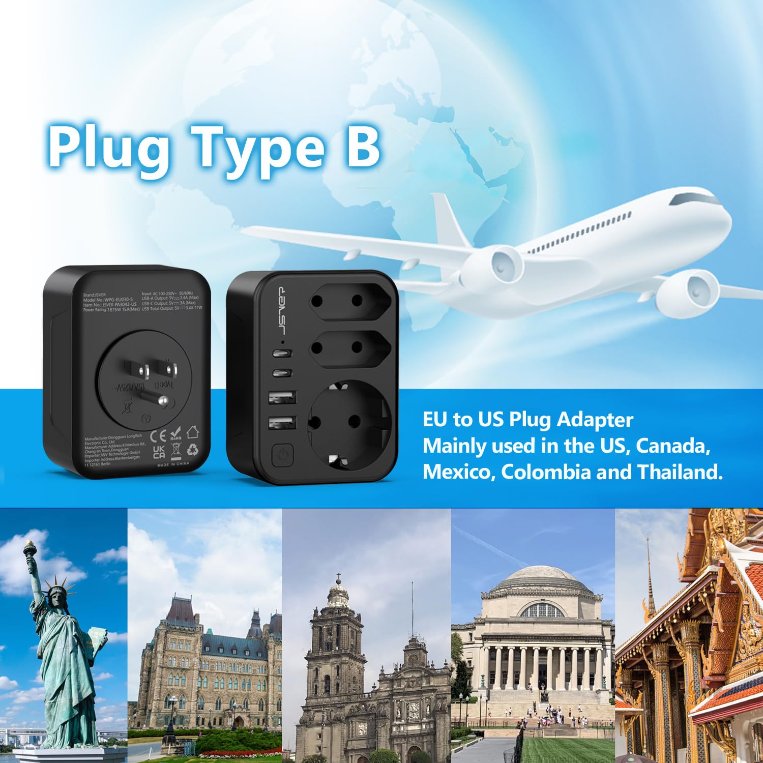 JSVER Adaptateur de Voyage 7 en 1 France vers États-Unis Canada 4 Ports USB 2A+2C Prises Type B Noir