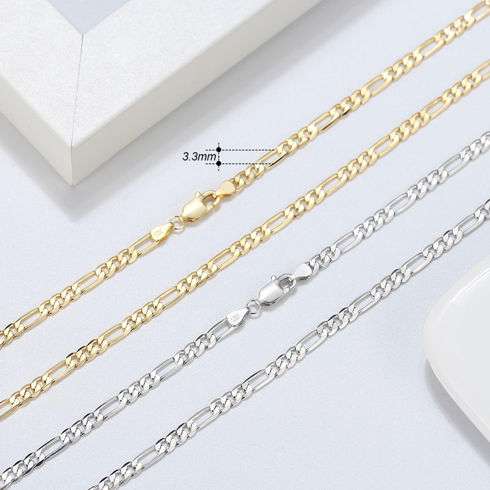 Cadena para hombre de oro, plata de ley 925, cadena Fígaro de 3,3 mm