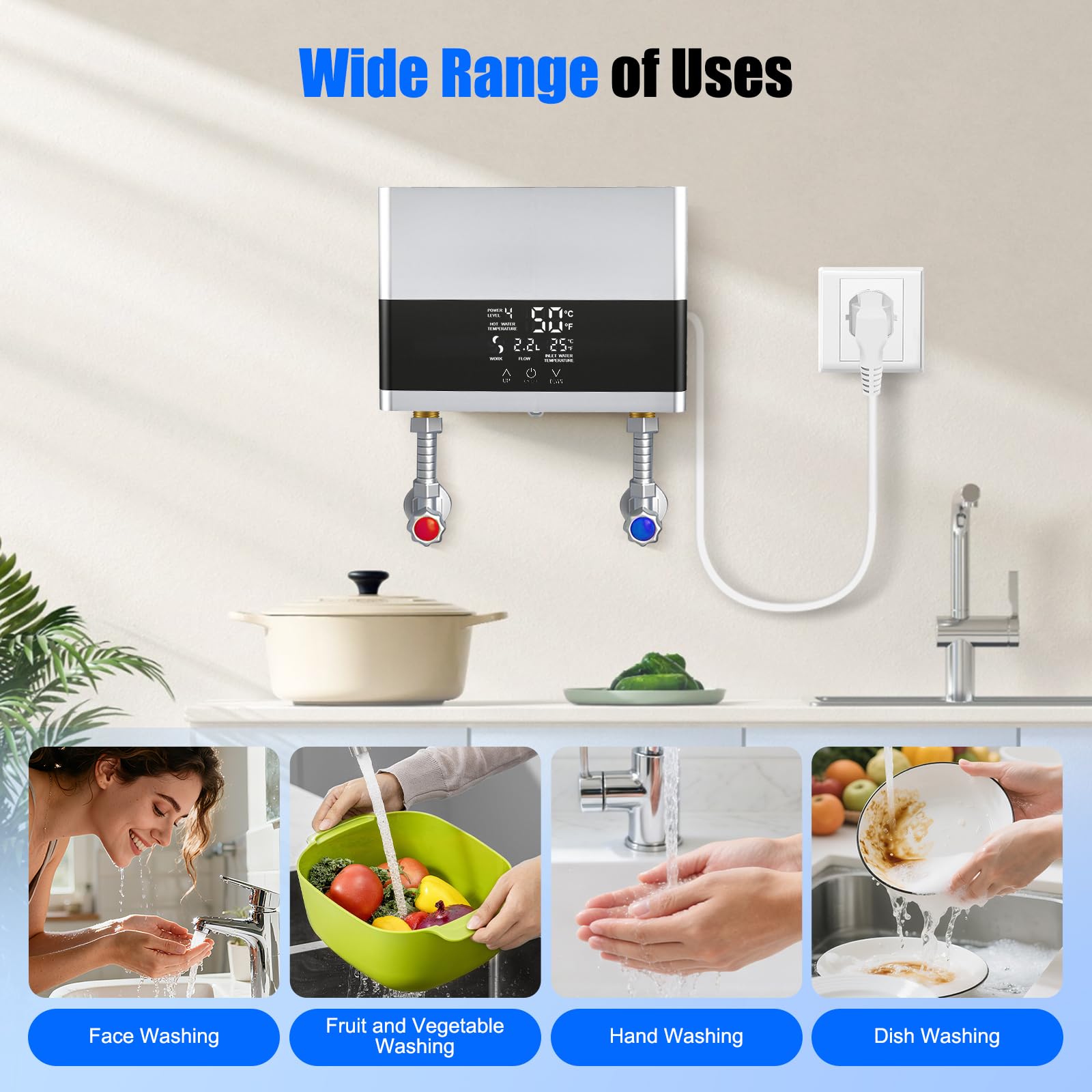 Scaldacqua istantanea da 6000 W, 230 V, con telecomando e display a LED, mini scaldabagno elettrico per doccia e cucina, con soffione doccia, protezione IPX4 per bagno e giardino (argento)