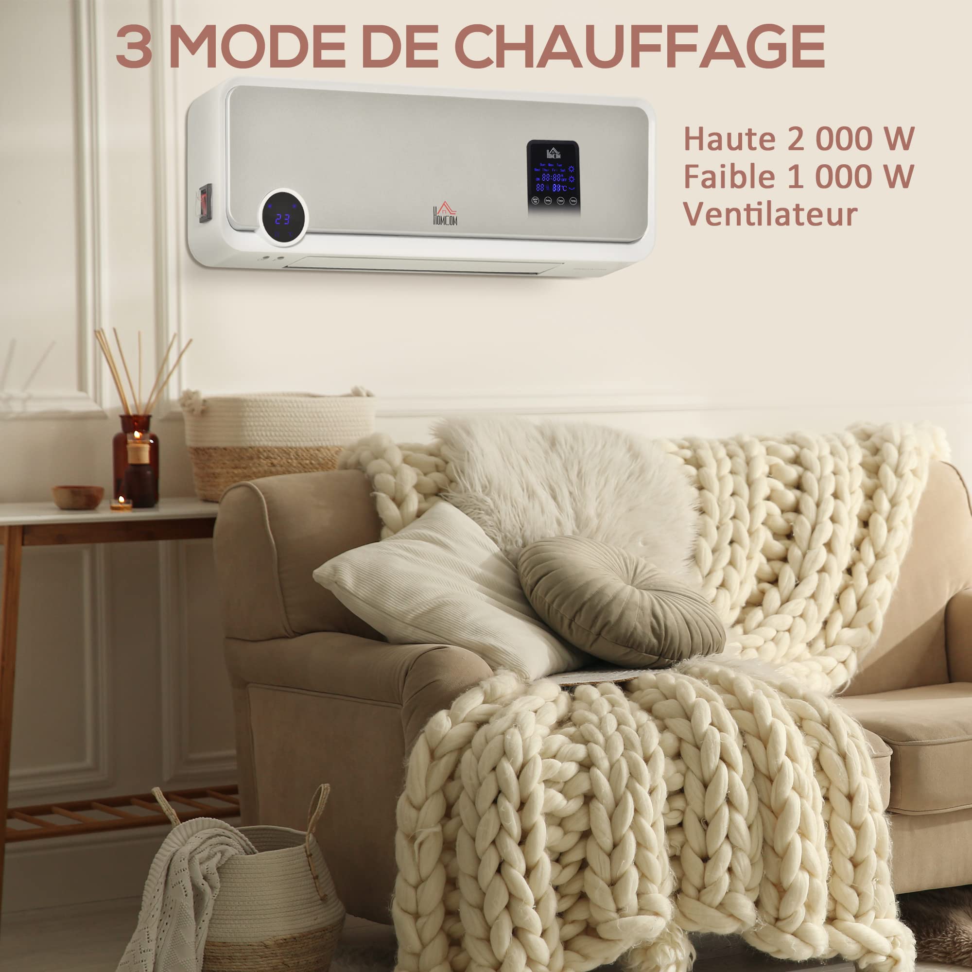 HOMCOM Radiateur mural soufflant oscillant 2000 W - chauffage céramique PTC - 3 niveaux de puissance - télécommande incluse blanc argenté