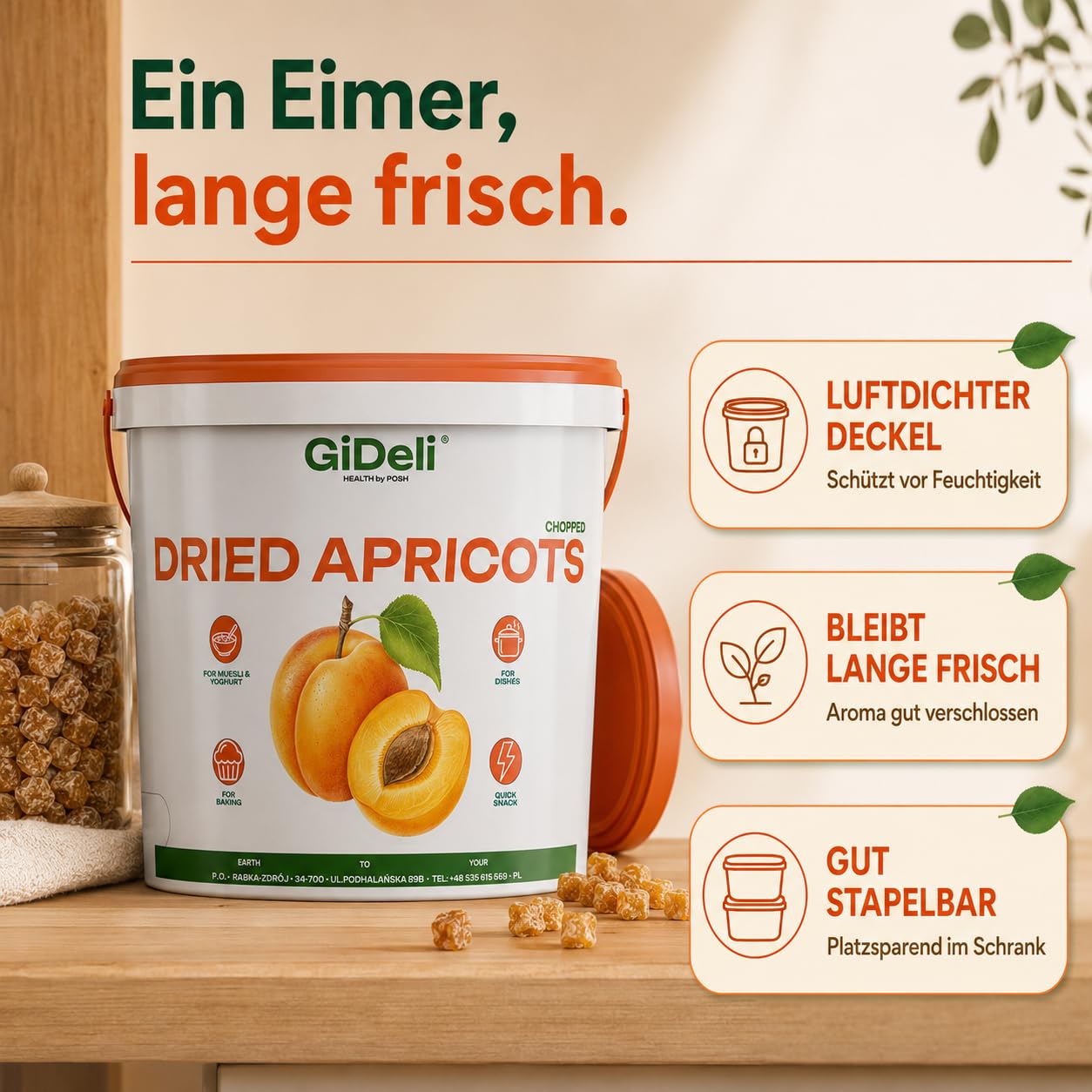 GiDeli Getrocknete Aprikosen 5Kg Gewürfelt Im Eimer Ohne Zuckerzusatz | hoher Fruchtanteil, klebt nicht dank Reismehl, direkt einsatzbereit, ideal für Müsli, Joghurt und zum Backen