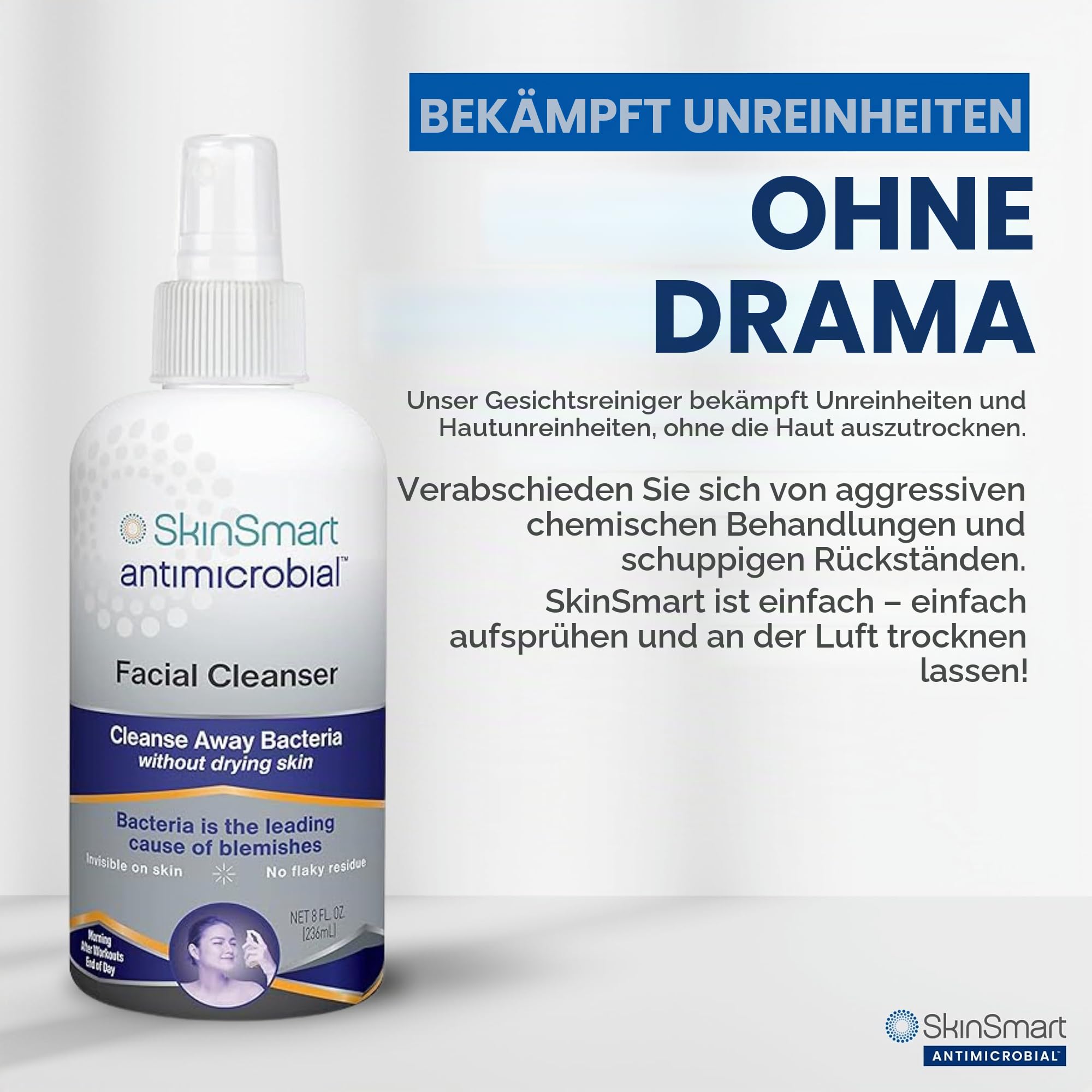 SkinSmart Gesichtsreiniger für Akne, zielt auf Bakterien für aktive Teenagersportler nach dem Training und Akne für Erwachsene, 237 ml Sprühflasche, sicher für mehrere tägliche Anwendungen