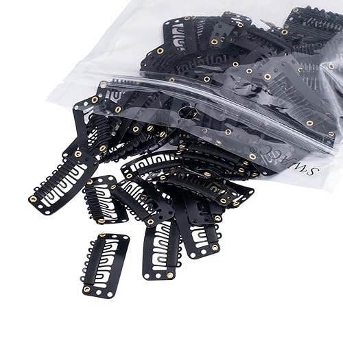 SWACC 100 clips metálicos en forma de U para extensiones de cabello, extensiones de cabello, clips de peluca de peine a presión con goma (negro,