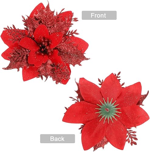 Miniatura 6 de TOYANDONA 24 Pieces Christmas Glitter Poinsettia Flowers Christmas Tree Ornaments Artificial Flowers for Christmas Wreath Decoraiton (Red)